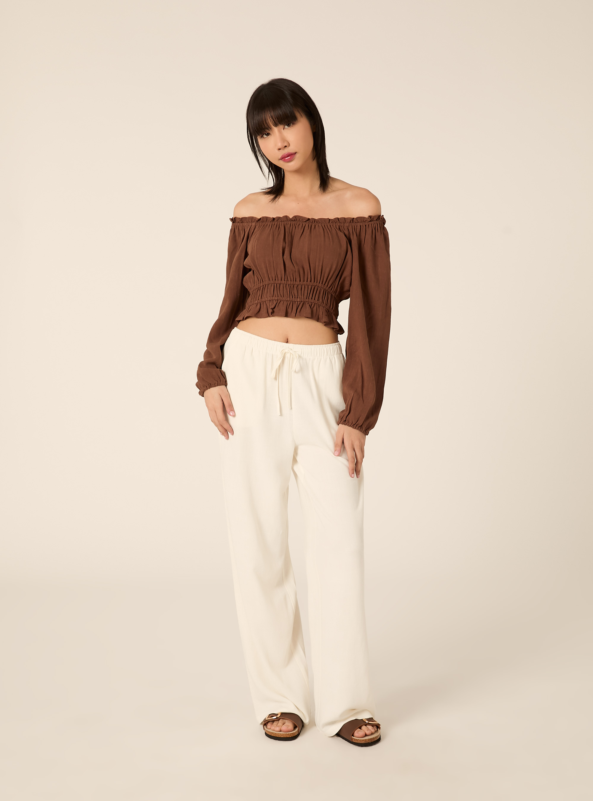 Boho-Bluse aus Leinenmischgewebe, BR2 BROWN MEDIUM