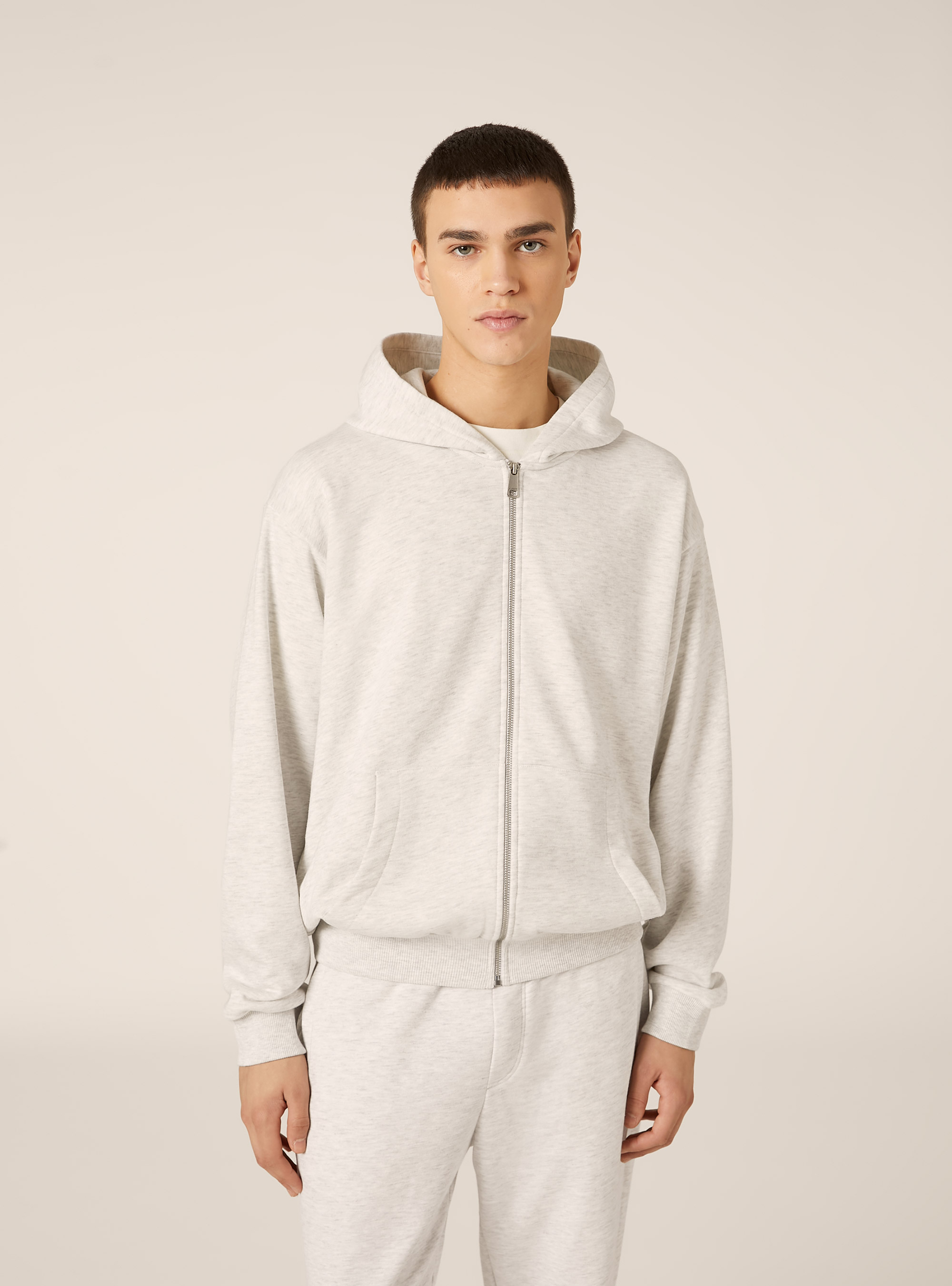 Felpa con zip e cappuccio boxy fit, GRIGIO CHIARO MELANGE