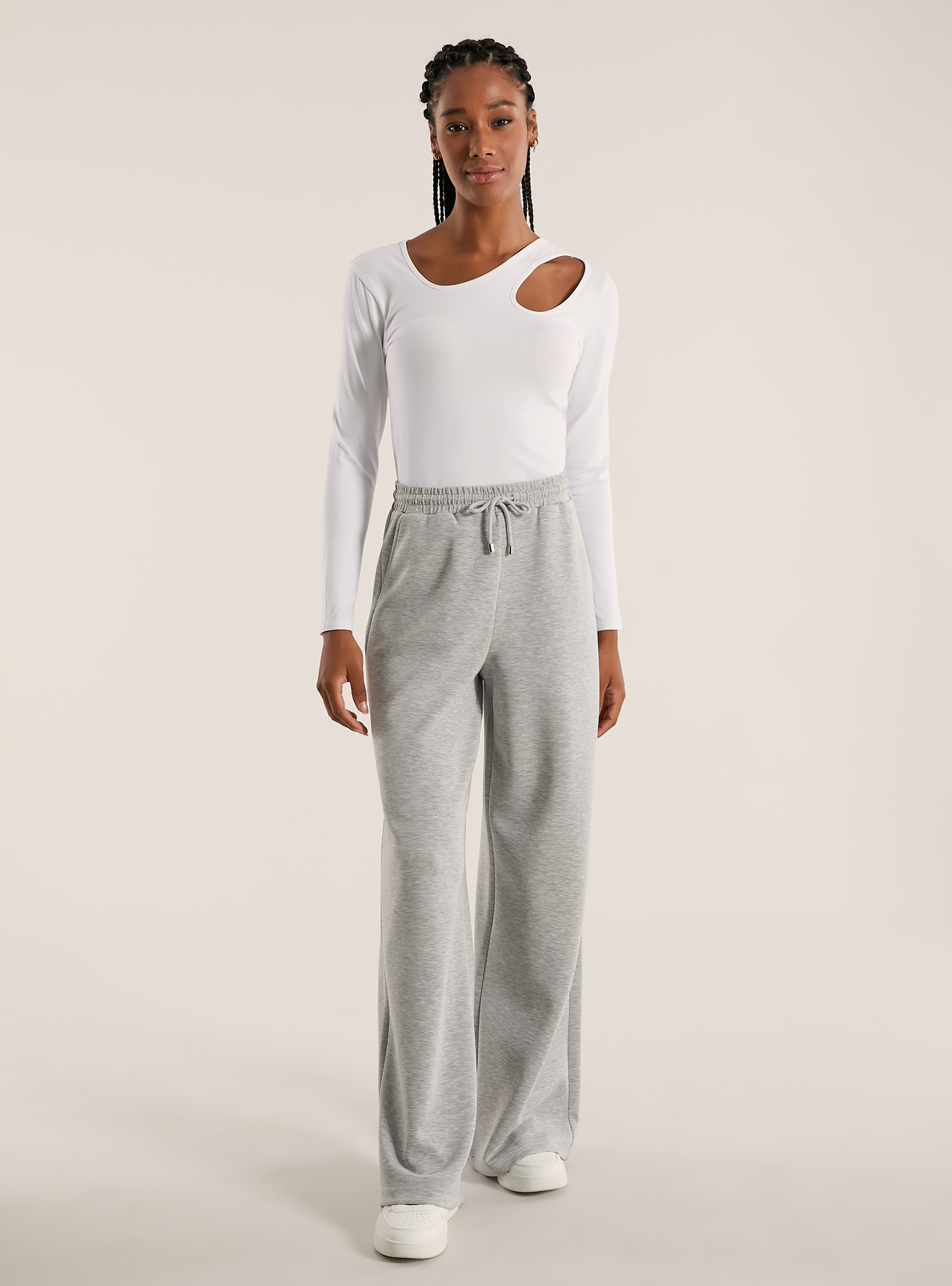 Jogger wide leg soft touch, GRIGIO CHIARO MELANGE