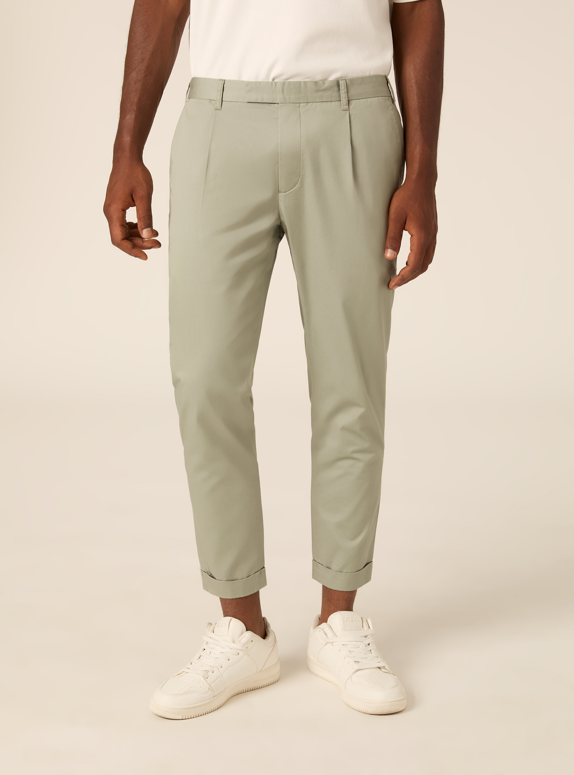 Slim Fit Cropped Pleated Chino Trousers, SG3 SAGE LIGHT