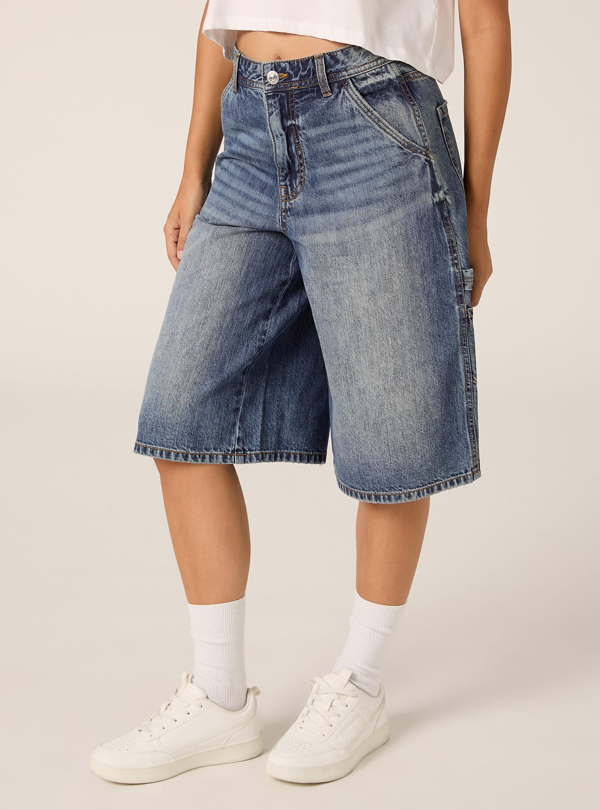 Bermudas Jorts de Denim Estilo Carpenter, D003 MEDIUM BLUE