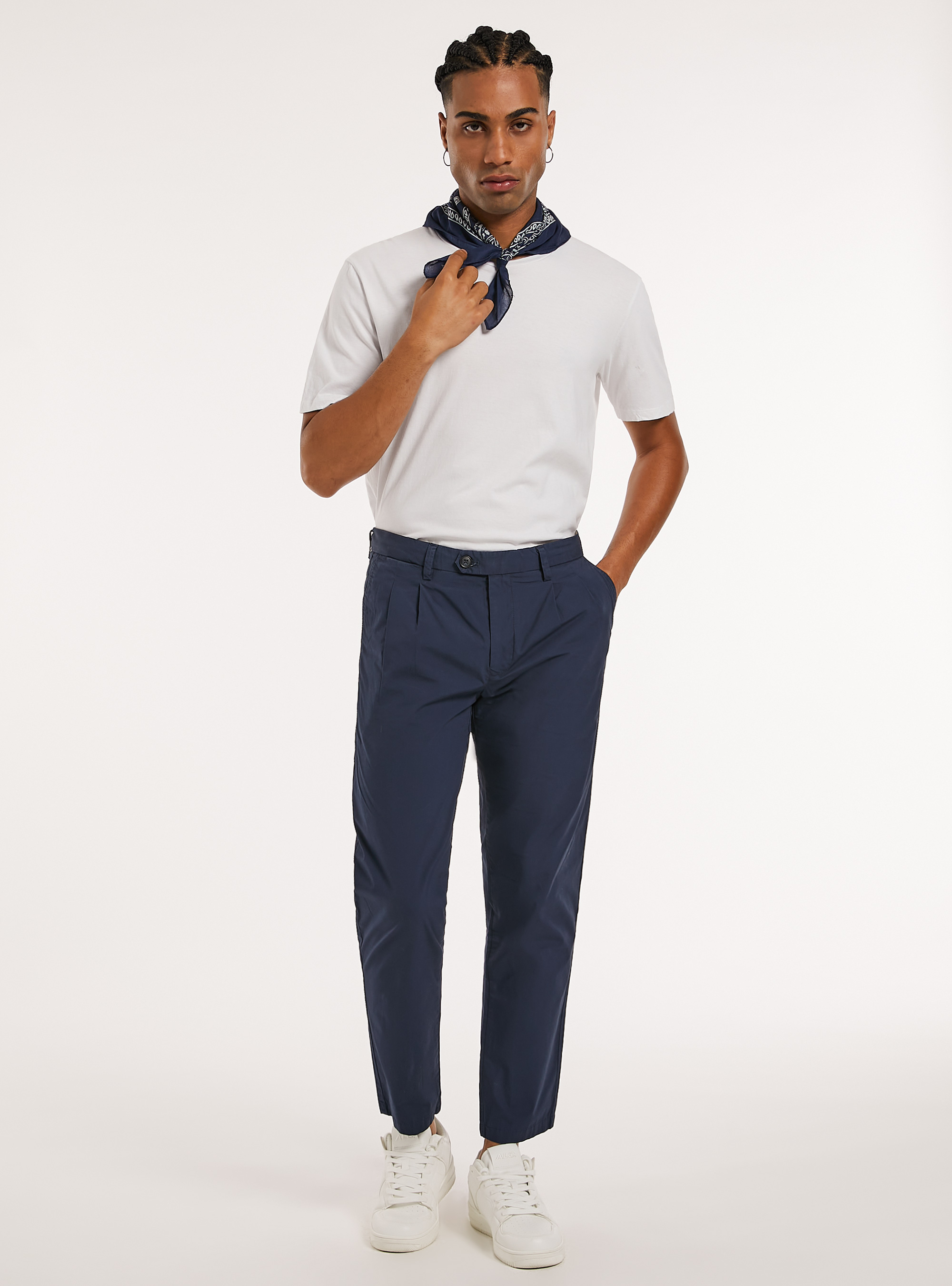Pantalon en coton &agrave; double plis, NA1 NAVY DARK