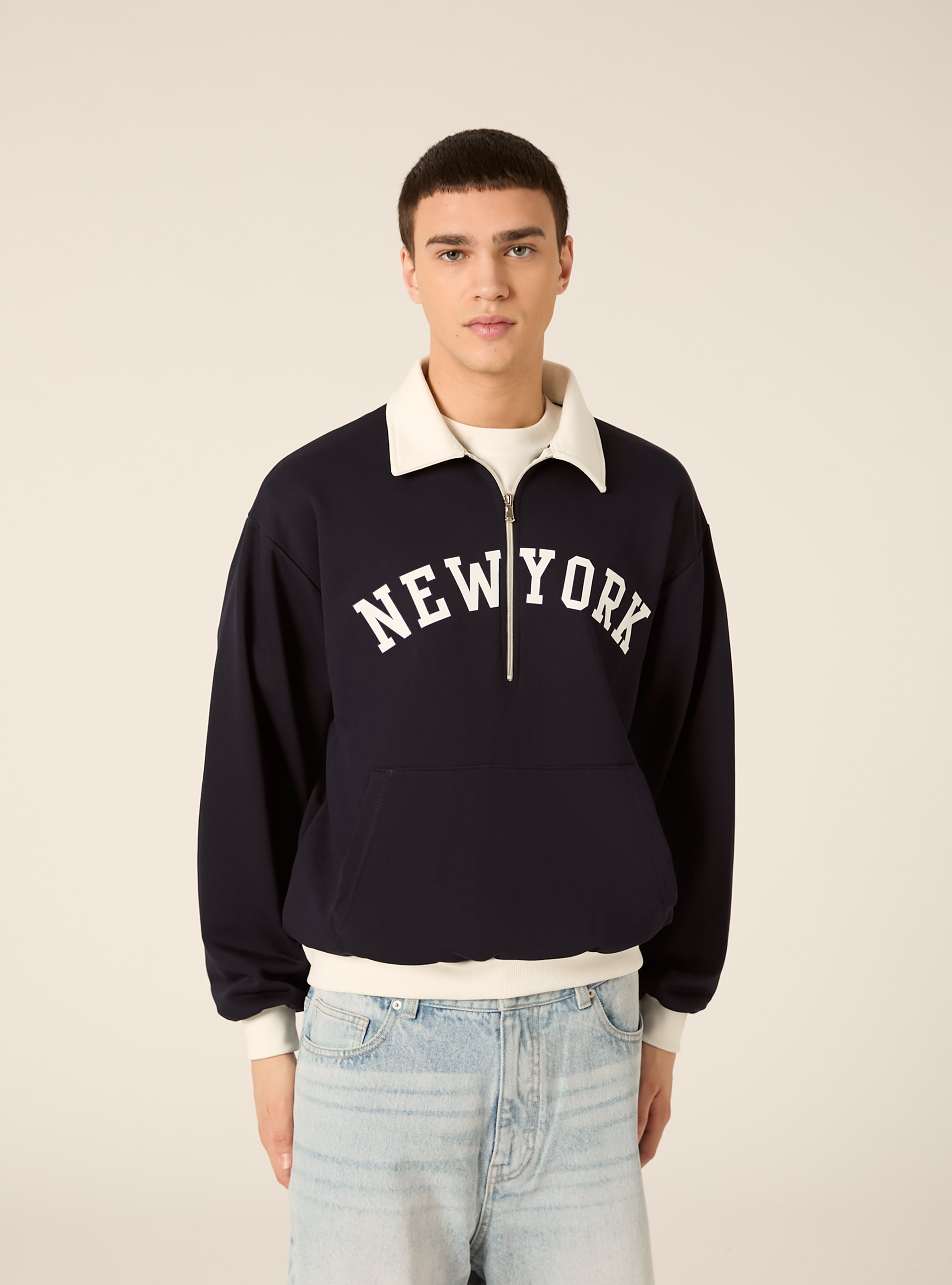 Felpa Boxy con Mezza Zip e Ricamo New York, NAVY MEDIO