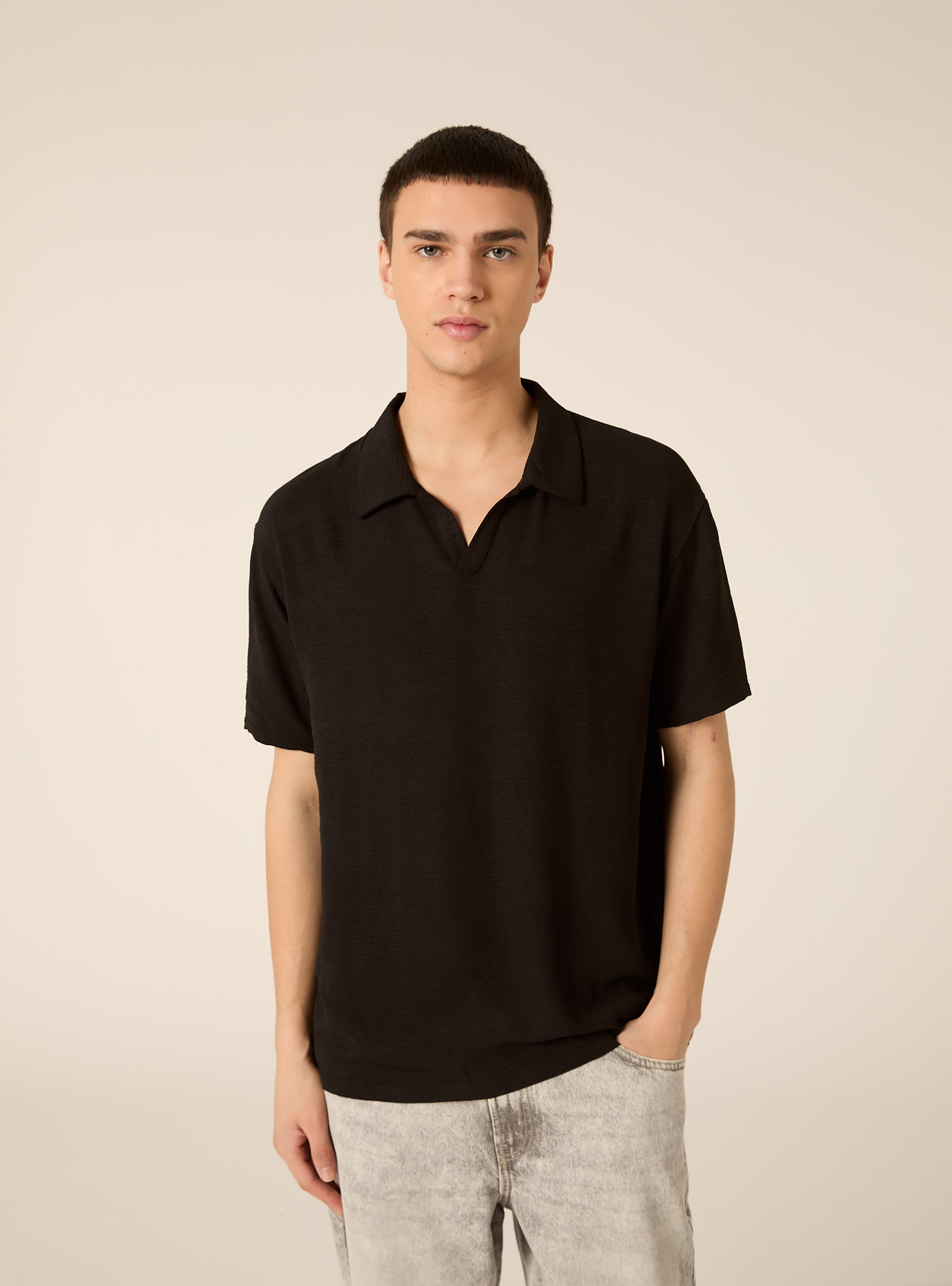 Basic crepe polo shirt, BK1 BLACK