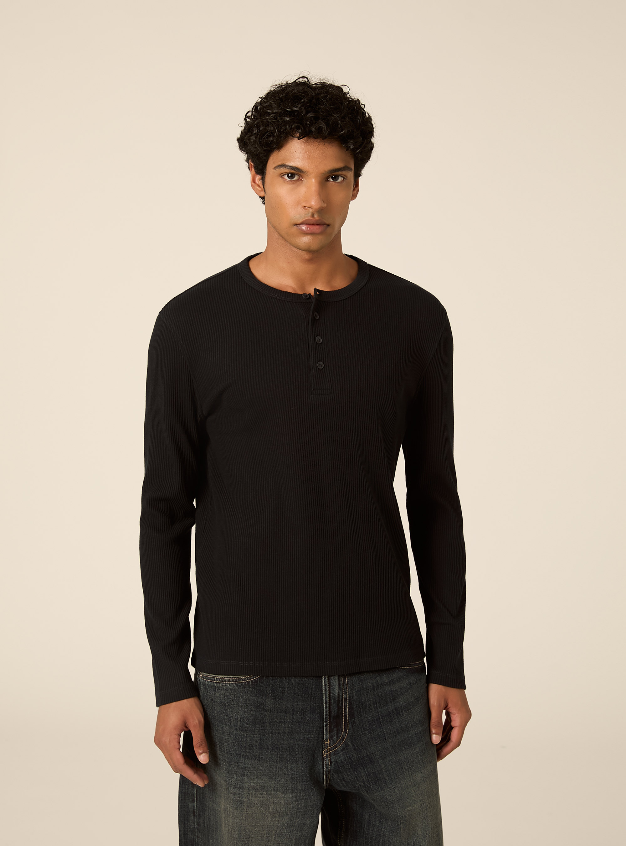 Maglietta henley a maniche lunghe a costine, NAVY SCURO