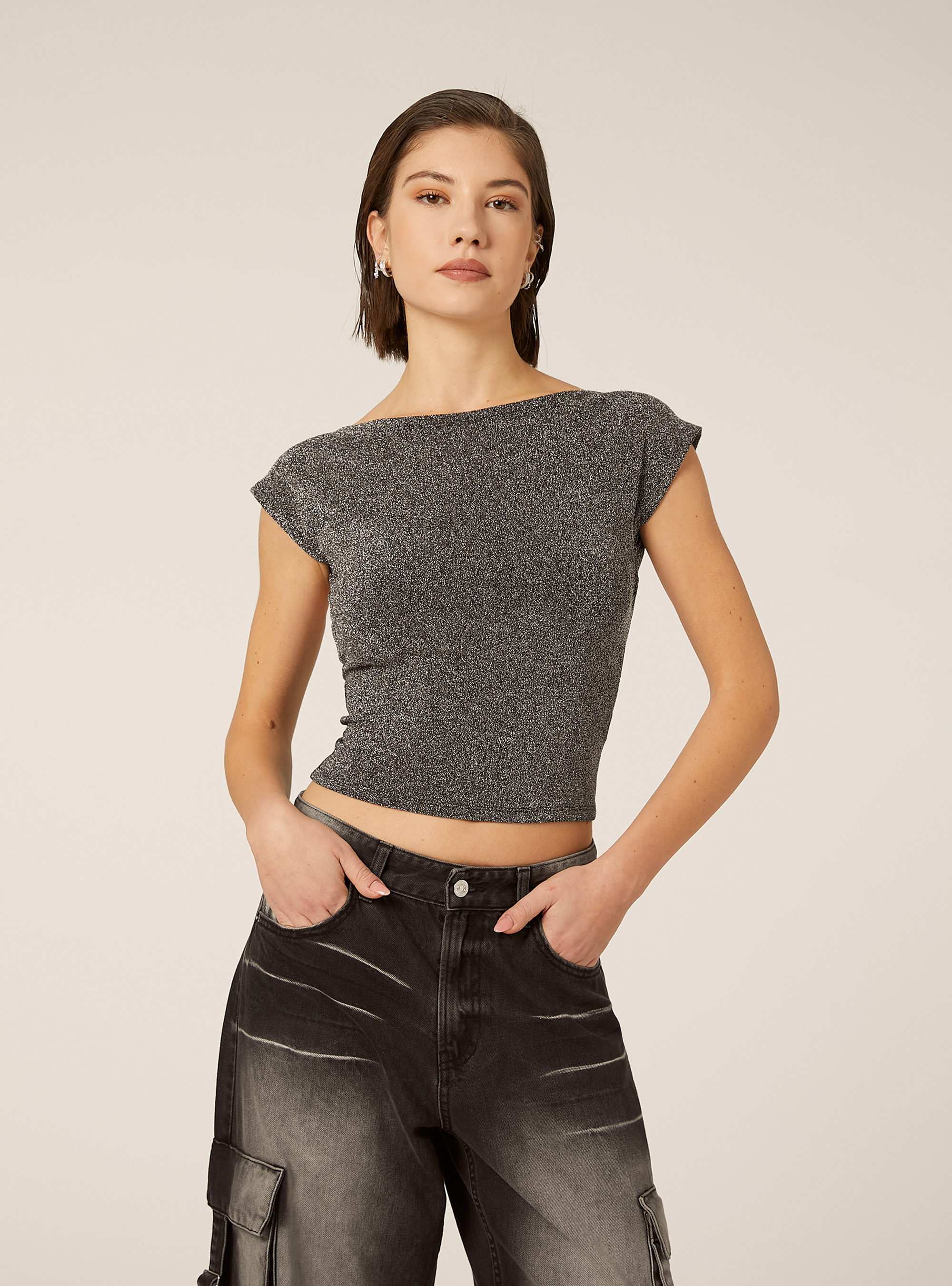 Metallic T-shirt with open back, SV2 SILVER MEDIUM