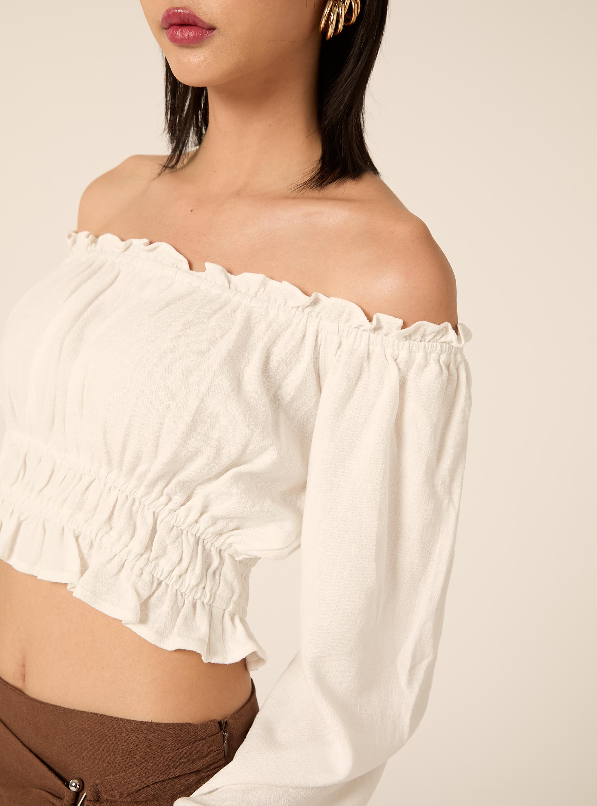 Boho-Bluse aus Leinenmischgewebe, WH2 WHITE