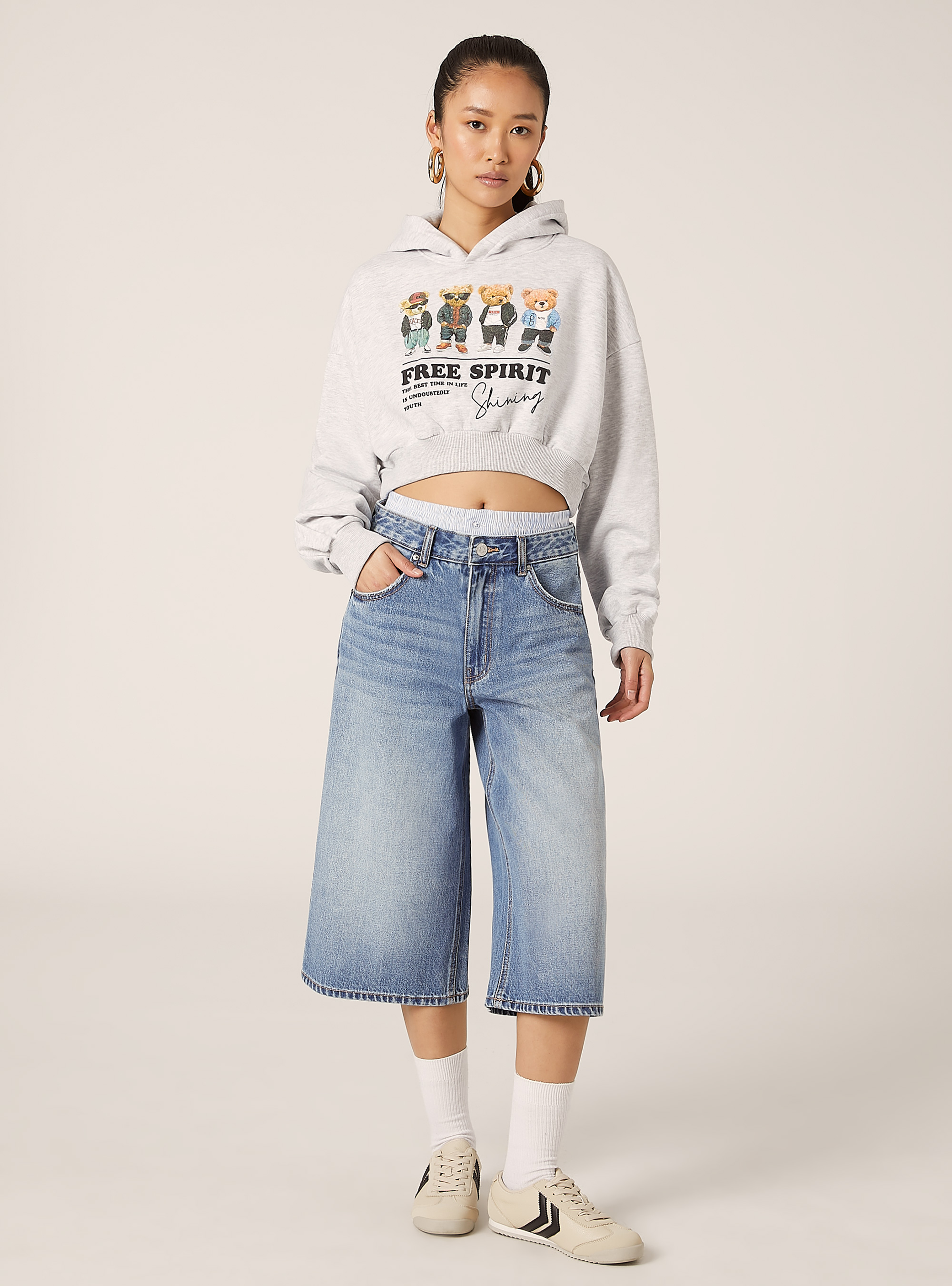 Sweatshirt coupe courte avec imprim&eacute; Teddy, MGY3 GREY MEL LIGHT