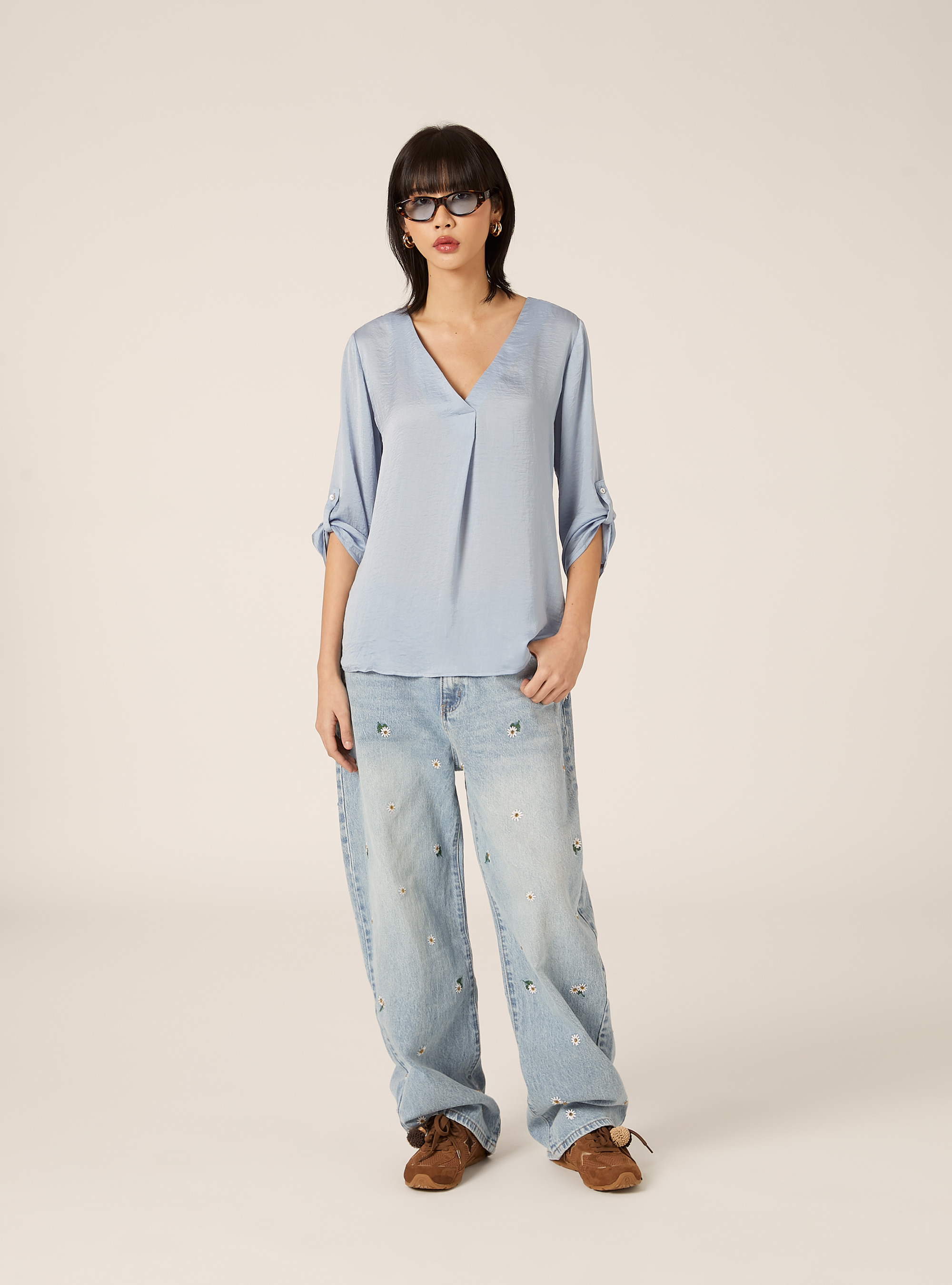 Blouse &agrave; encolure unie, AZ3 AZURE LIGHT