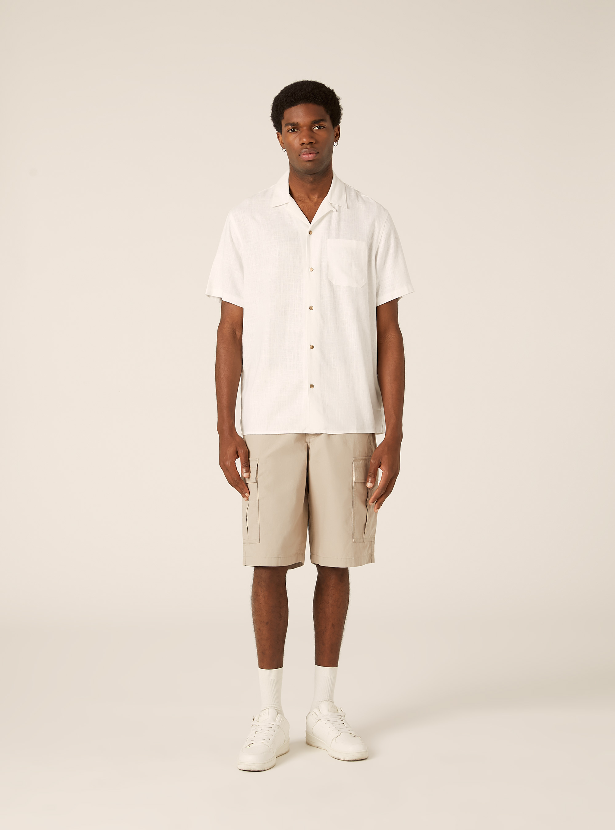 Linen blend shirt with bowling collar, WH1 OFF WHITE
