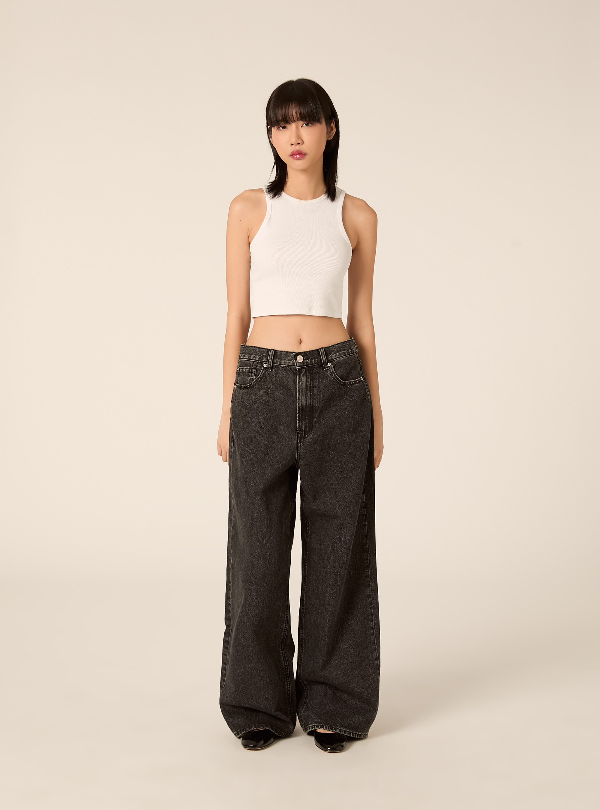 Jeans wide leg a vita media, D000 BLACK