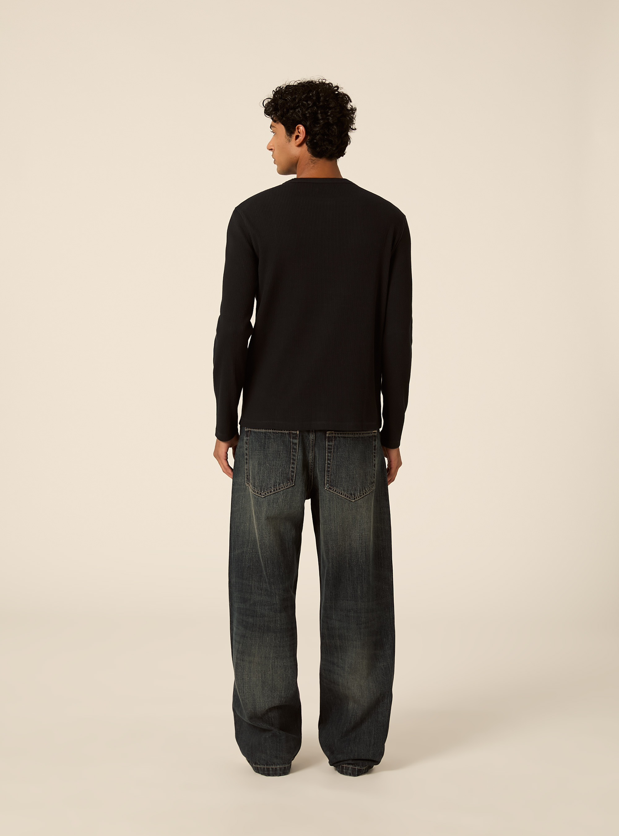 Maglietta henley a maniche lunghe a costine, NAVY SCURO
