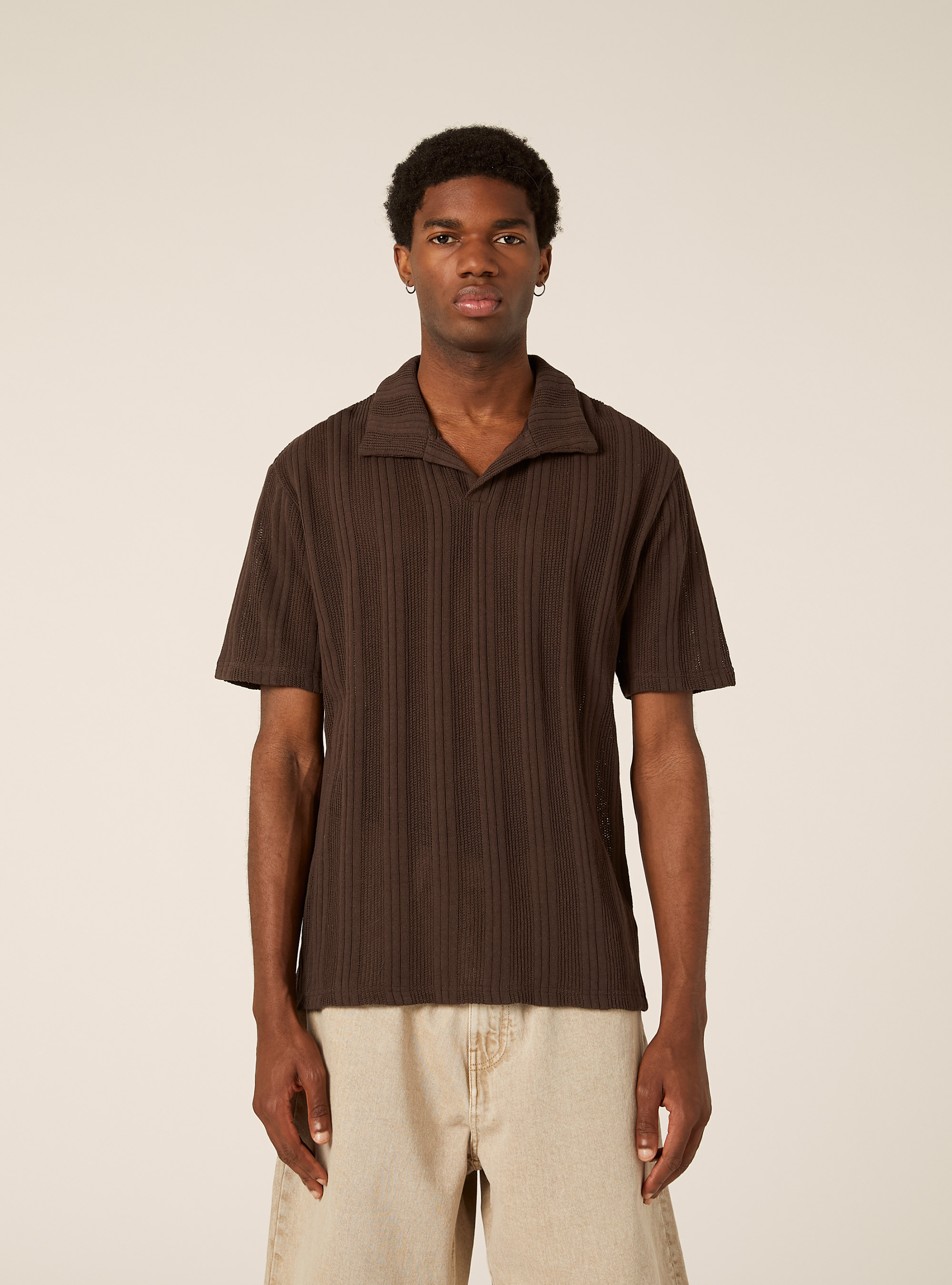 Open-knit polo shirt, BR1 BROWN DARK