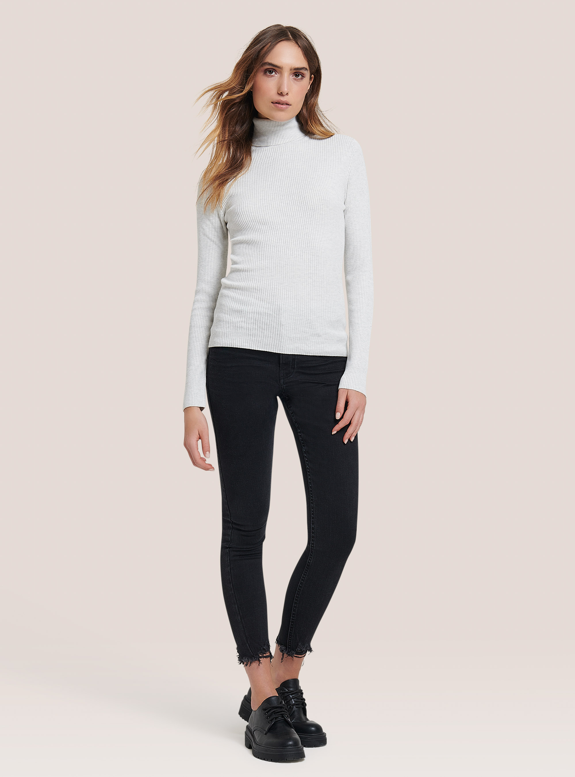 Pullover a collo alto a coste, MGY3 GREY MEL LIGHT