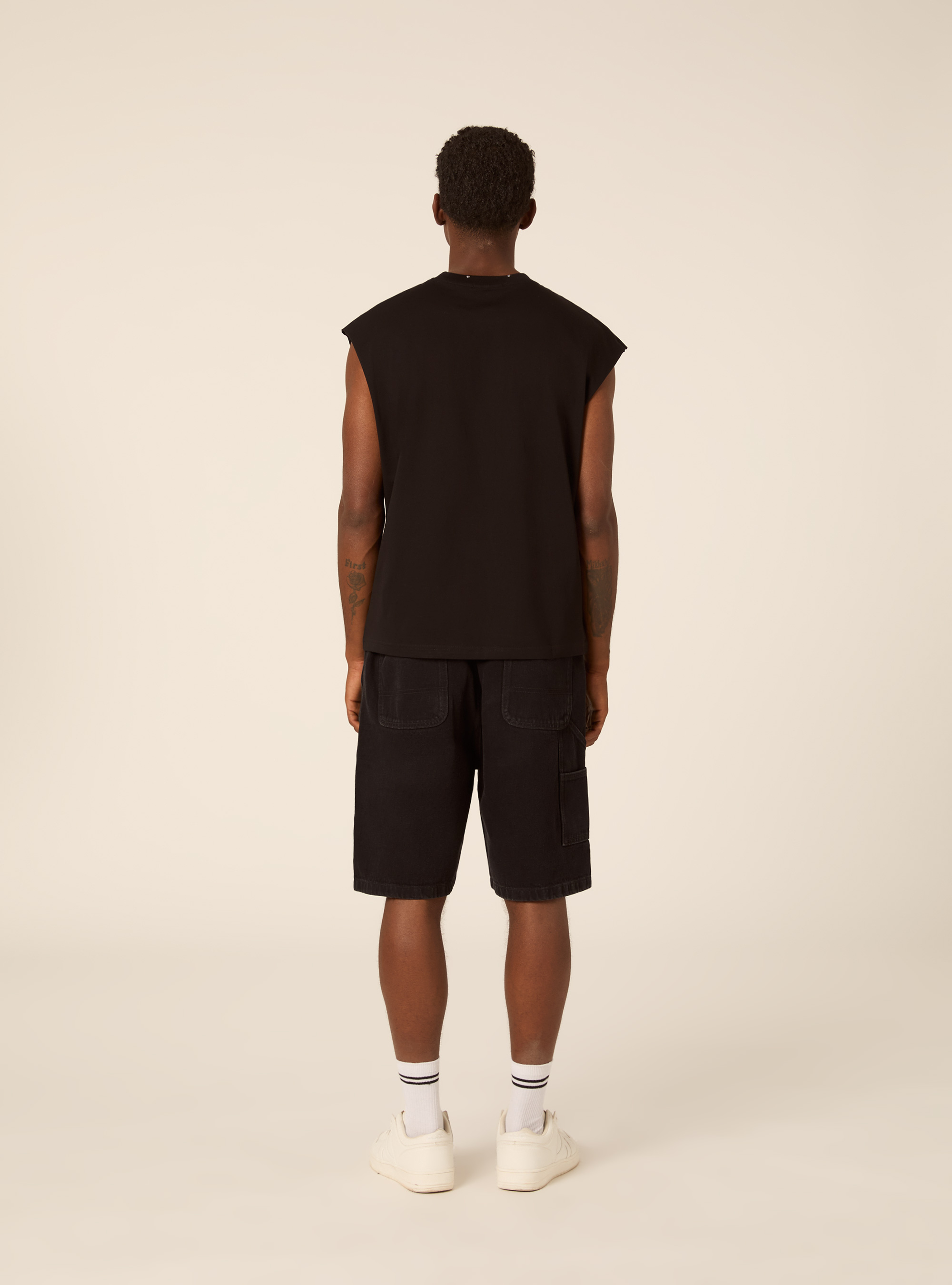 Oversized Sleeveless T-Shirt with Biker Graphic and Studs, BK1 BLACK