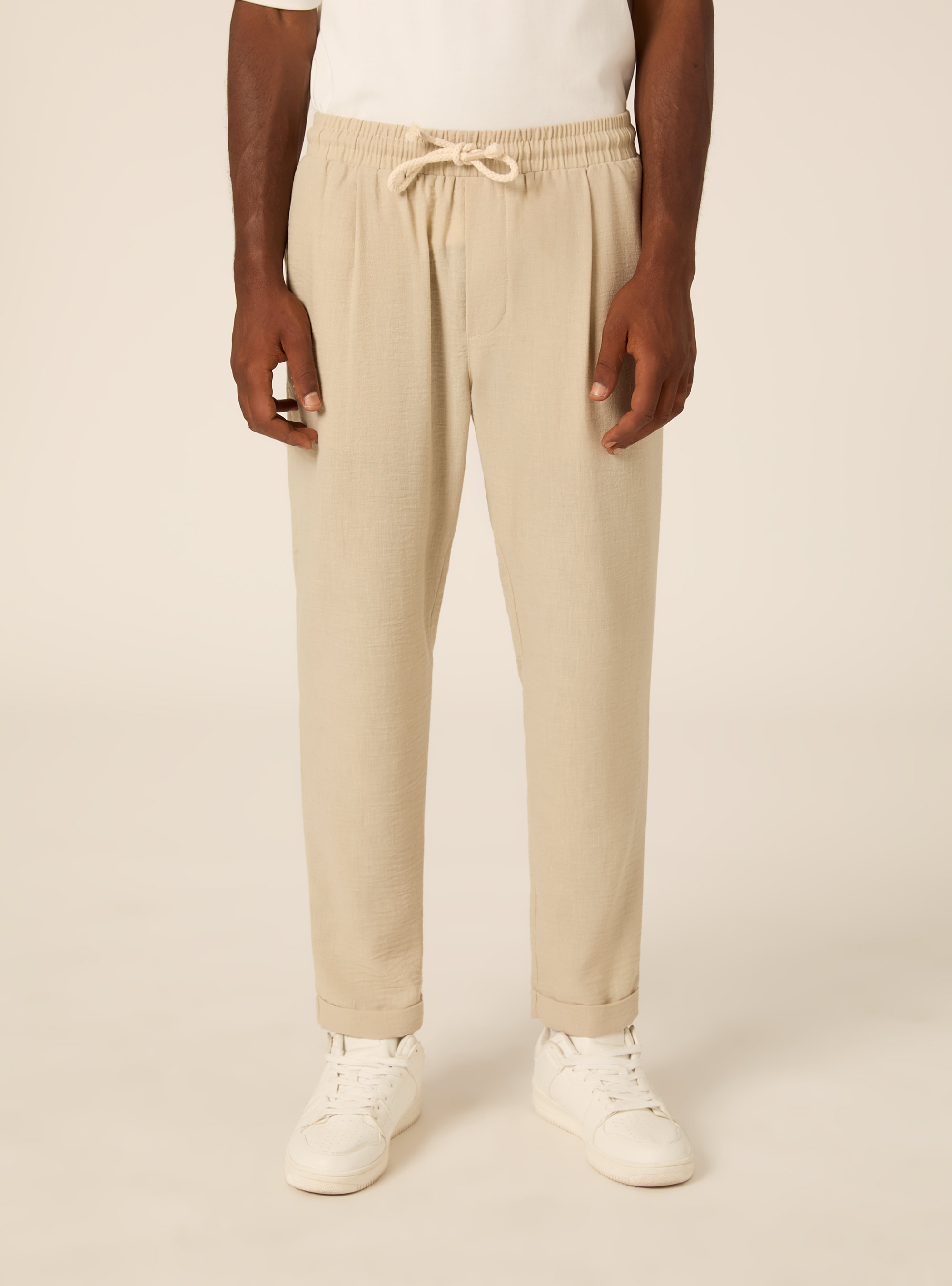 Comfort Fit Pleated Trousers with Drawstring, BG3 BEIGE LIGHT