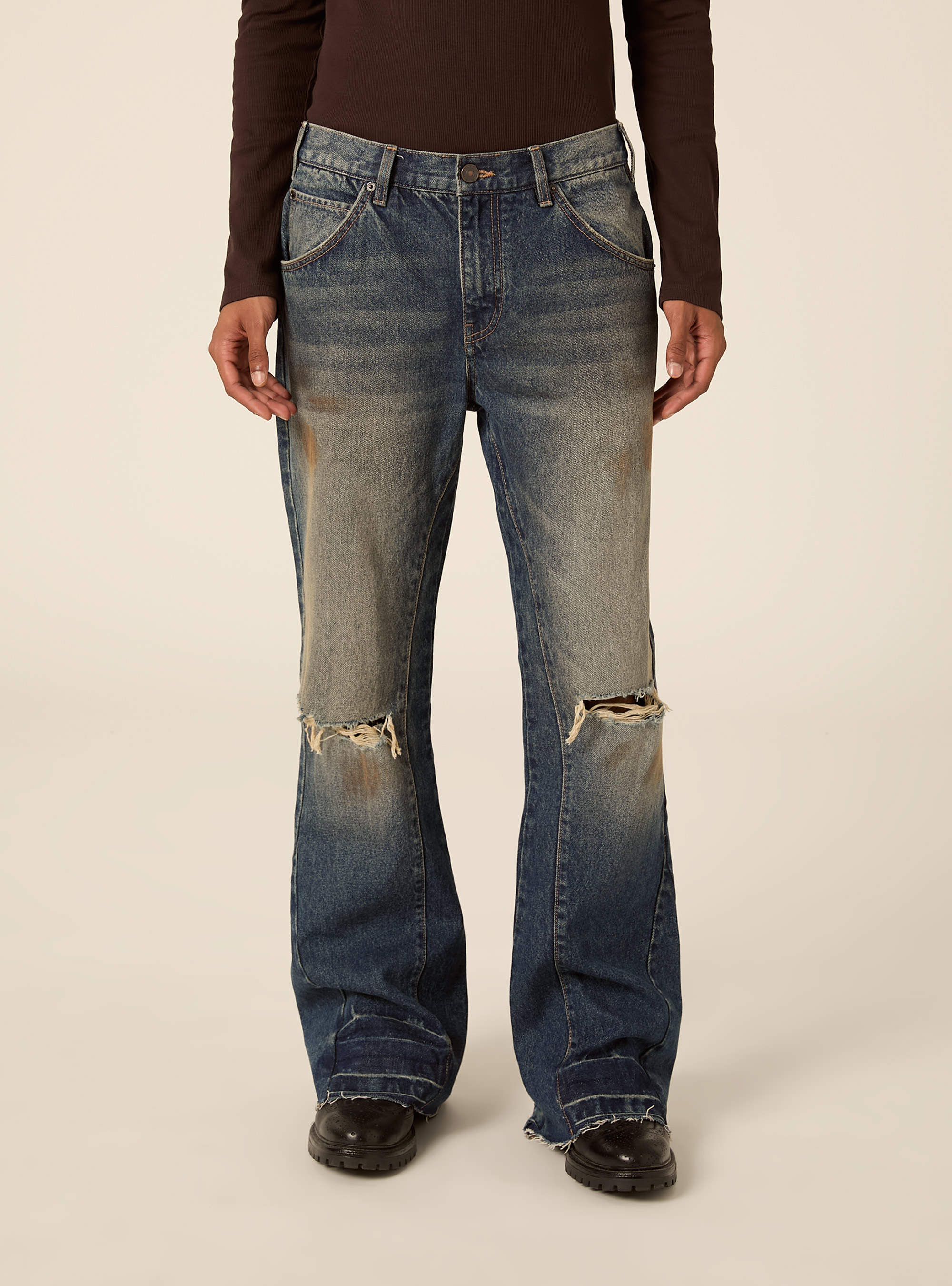 Bootcut jeans with rips and vintage finish, D201 AZZURRE MED OVERDYE