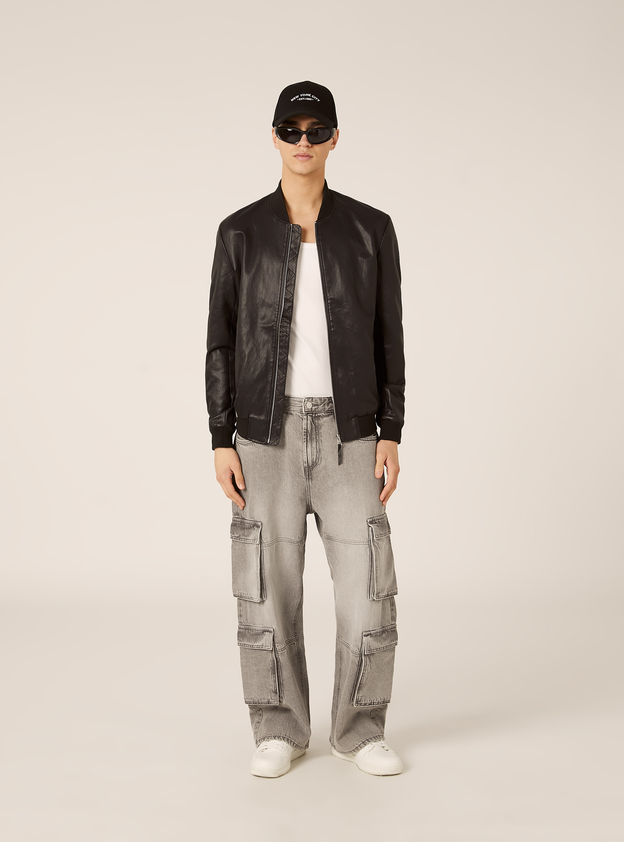Faux Leather Bomber Jacket, BK1 BLACK