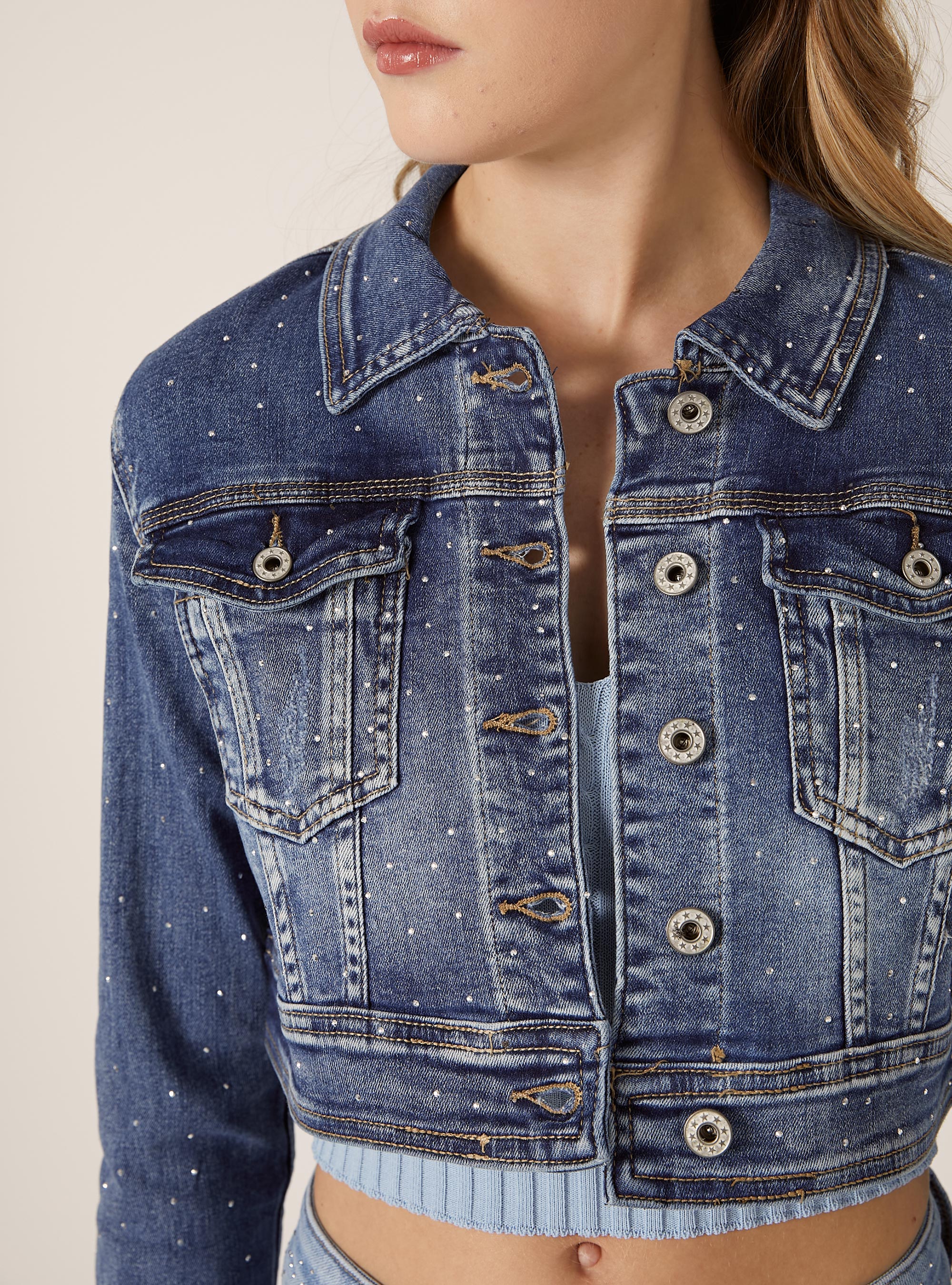 Veste en jean courte avec strass, D003 MEDIUM BLUE
