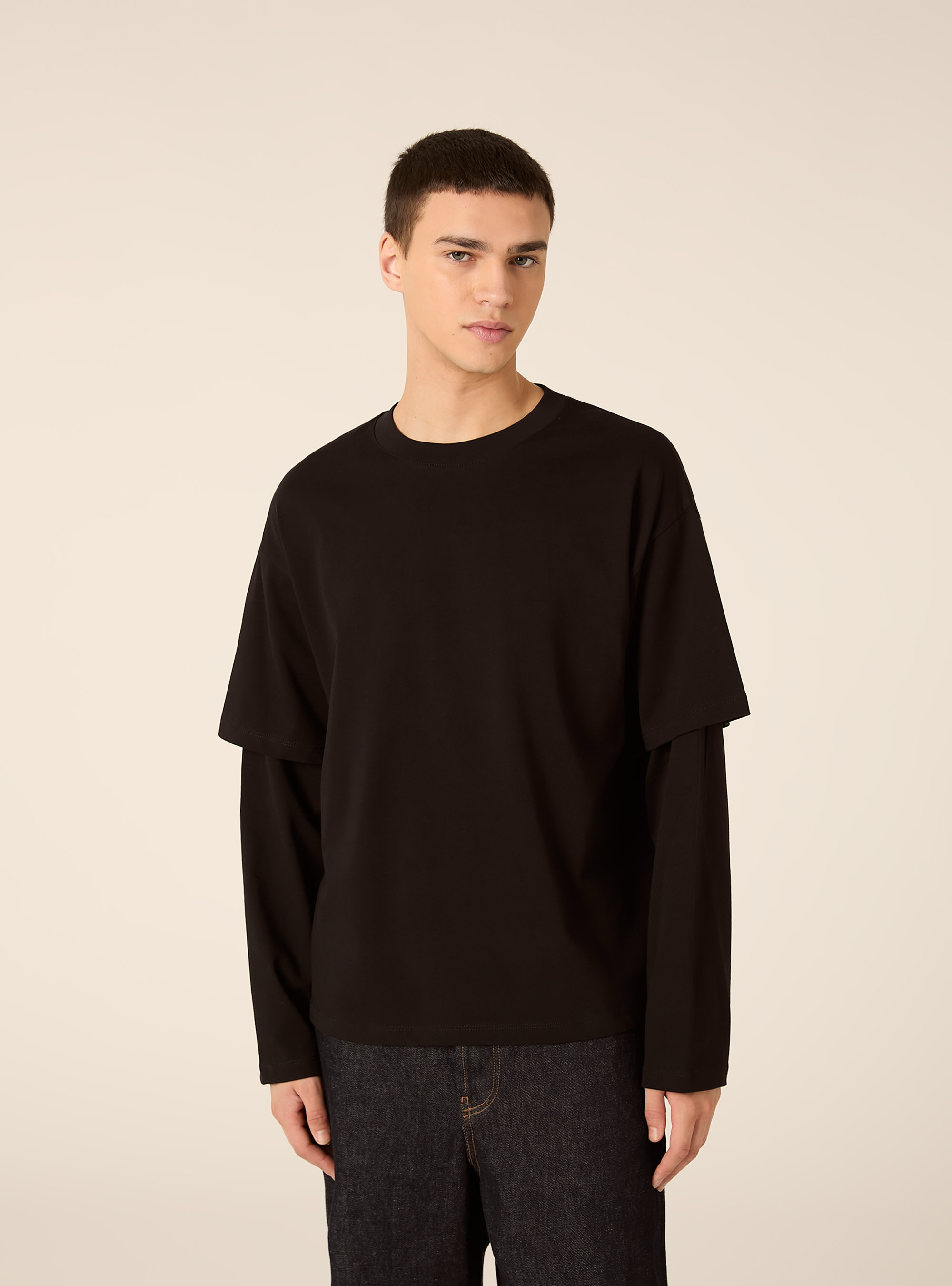 T-shirt with layered sleeves, BK1 BLACK