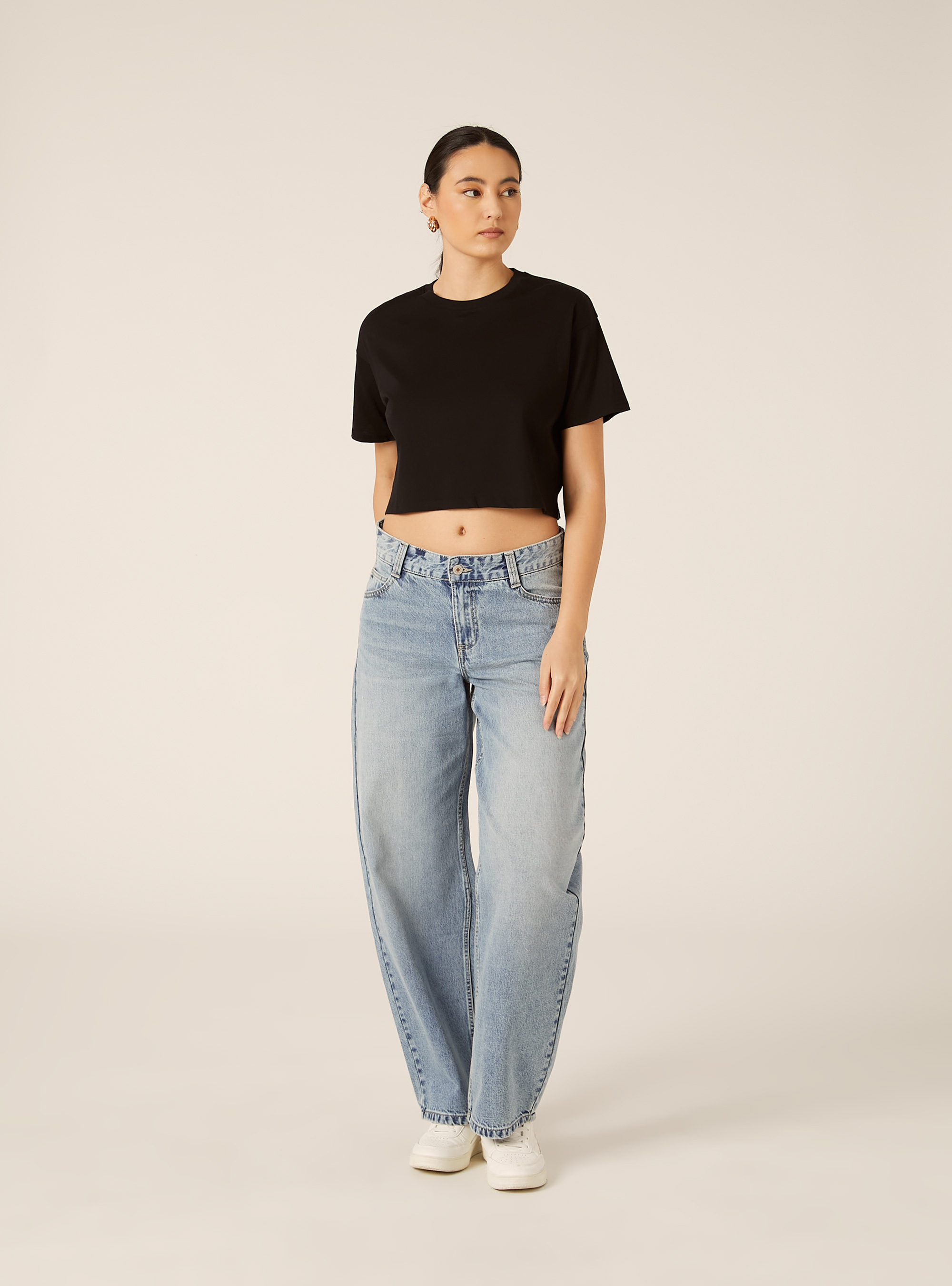 Basic Crew Neck Cropped T-Shirt, BK1 BLACK
