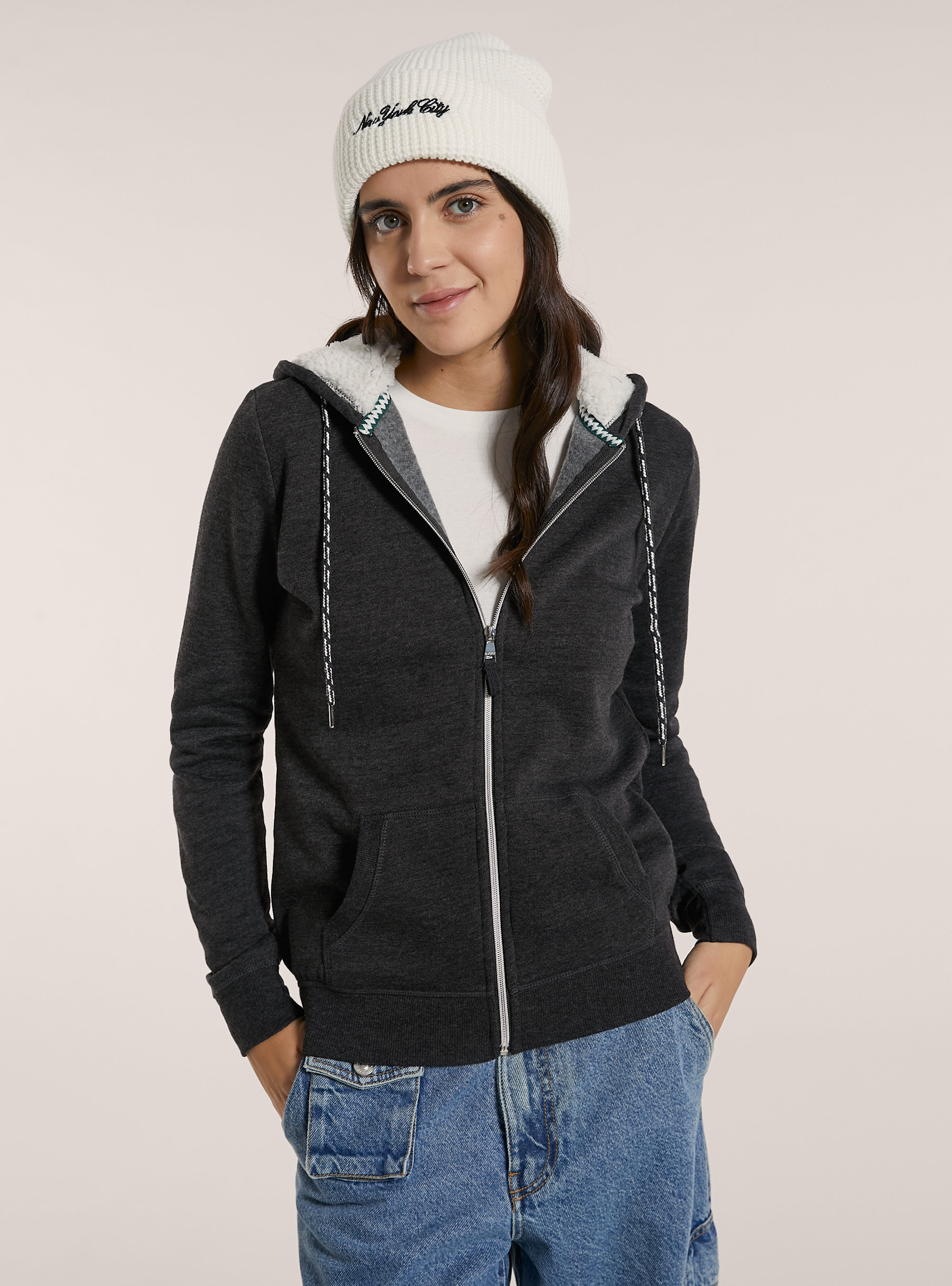 Felpa con zip e cappuccio in ecopelliccia, GRIGIO MELANGE