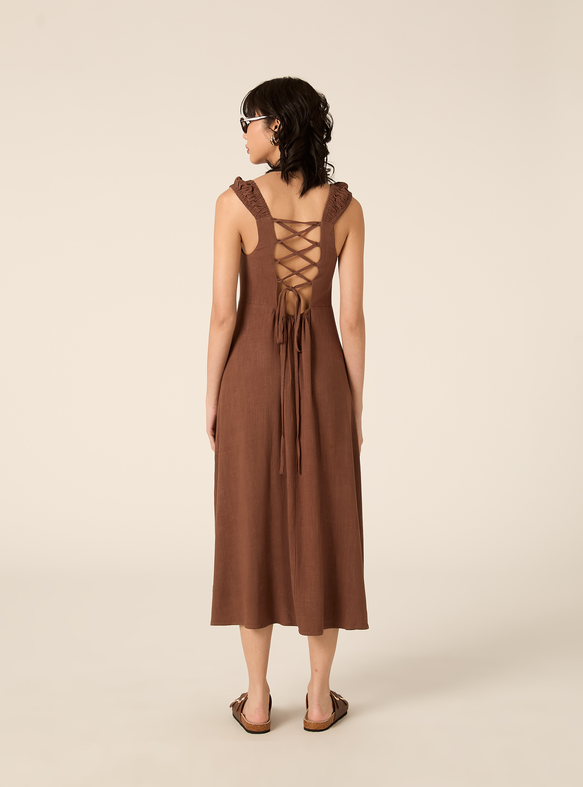 Linen-blend dress with an open back, BR1 BROWN DARK