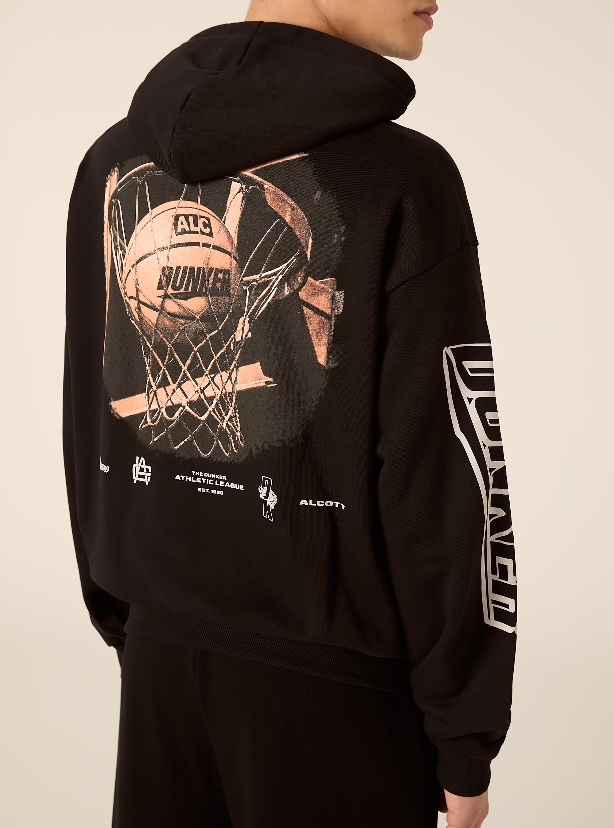 Sudadera de corte holgado con estampado de baloncesto, BK1 BLACK