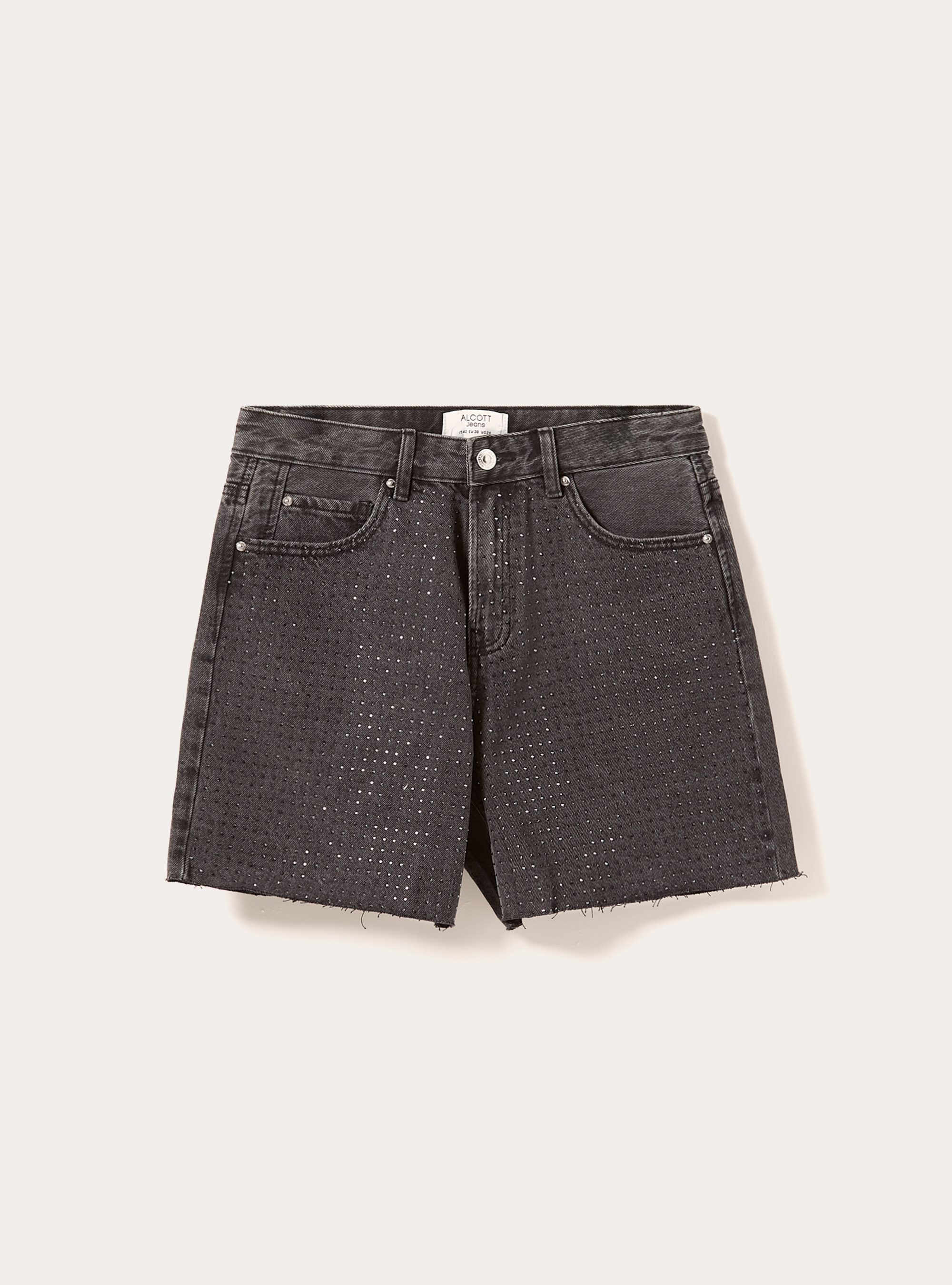 Pantal&oacute;n corto vaquero de talle largo con strass, D000 BLACK