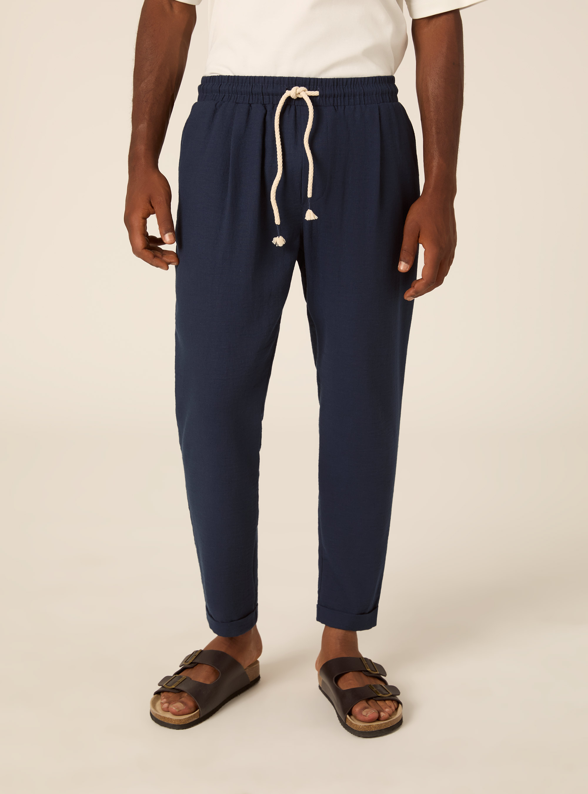 Comfort Fit Pleated Trousers with Drawstring, NA2 NAVY MEDIUM