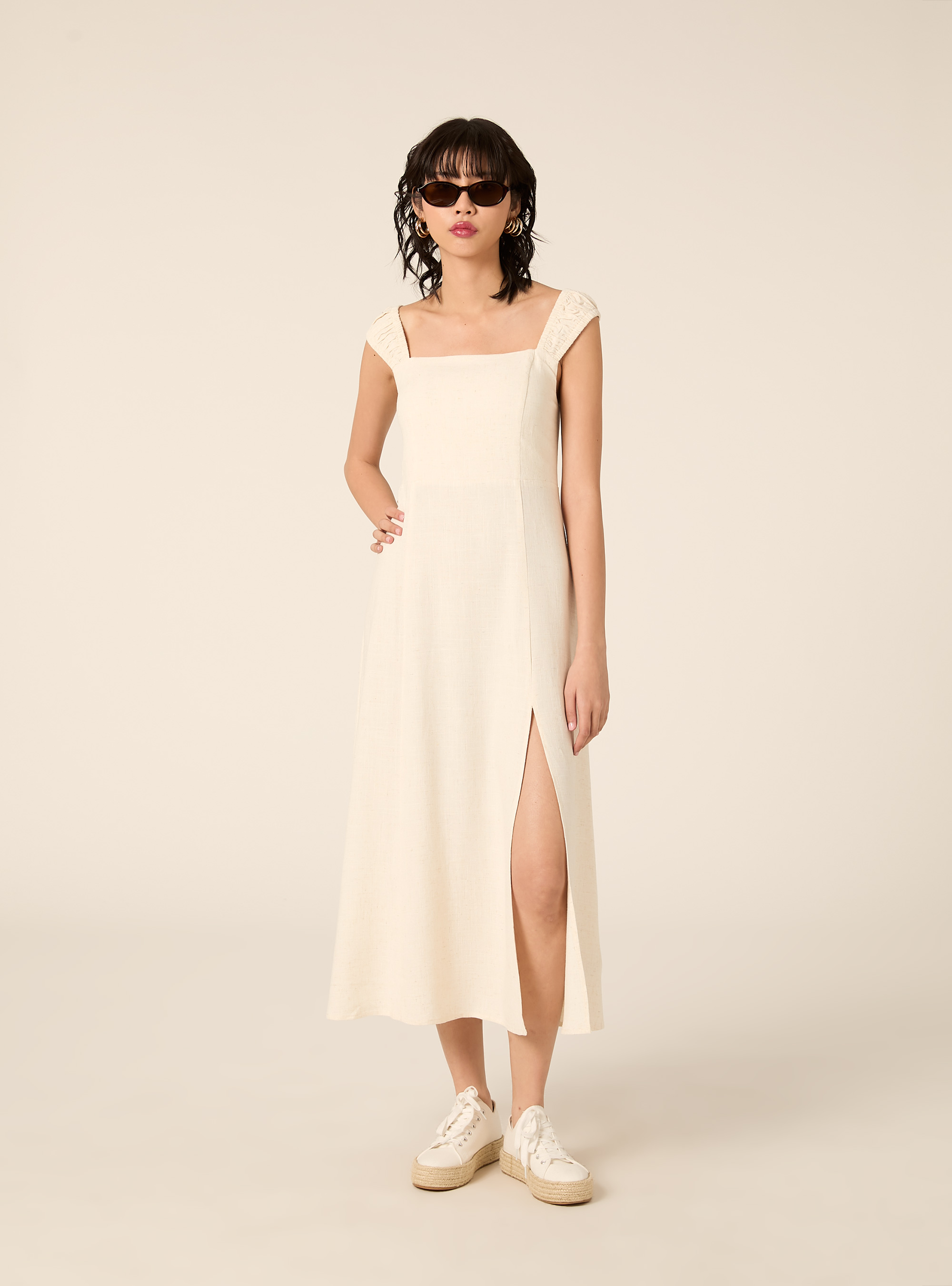 Linen-blend dress with an open back, MBG3 BEIGE MEL LIGHT