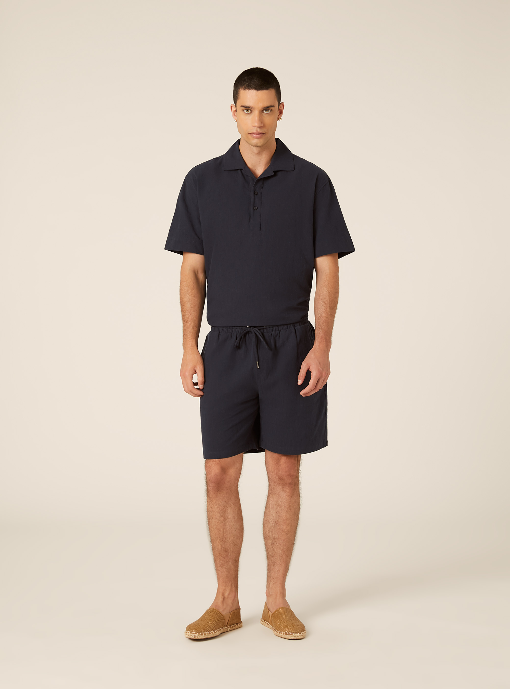 Bermuda in misto lino con laccio in vita, NAVY MEDIO