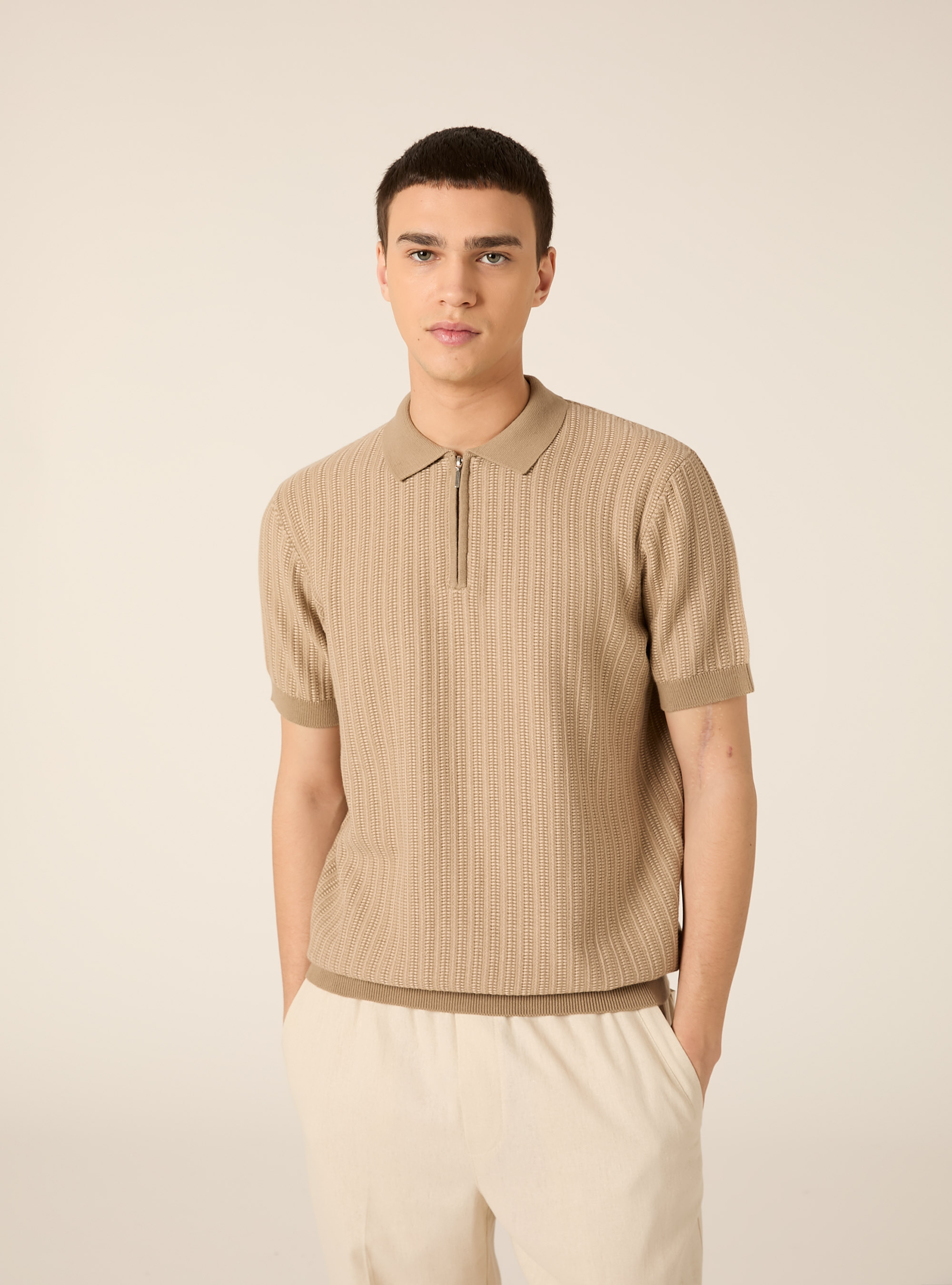 Strick-Polohemd mit Rei&szlig;verschluss, BG2 BEIGE MEDIUM