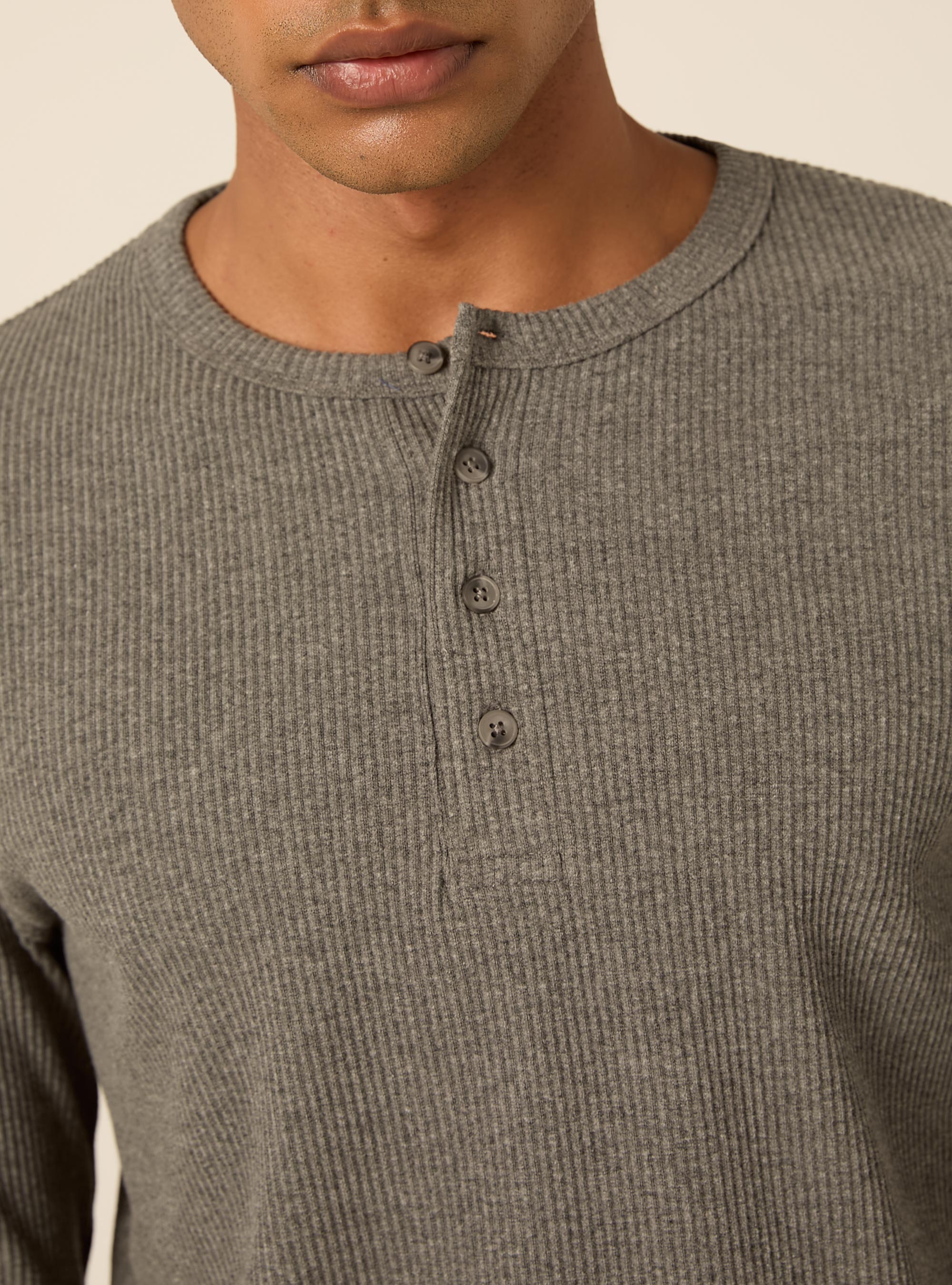 Maglietta henley a maniche lunghe a costine, GRIGIO SCURO MELANGE