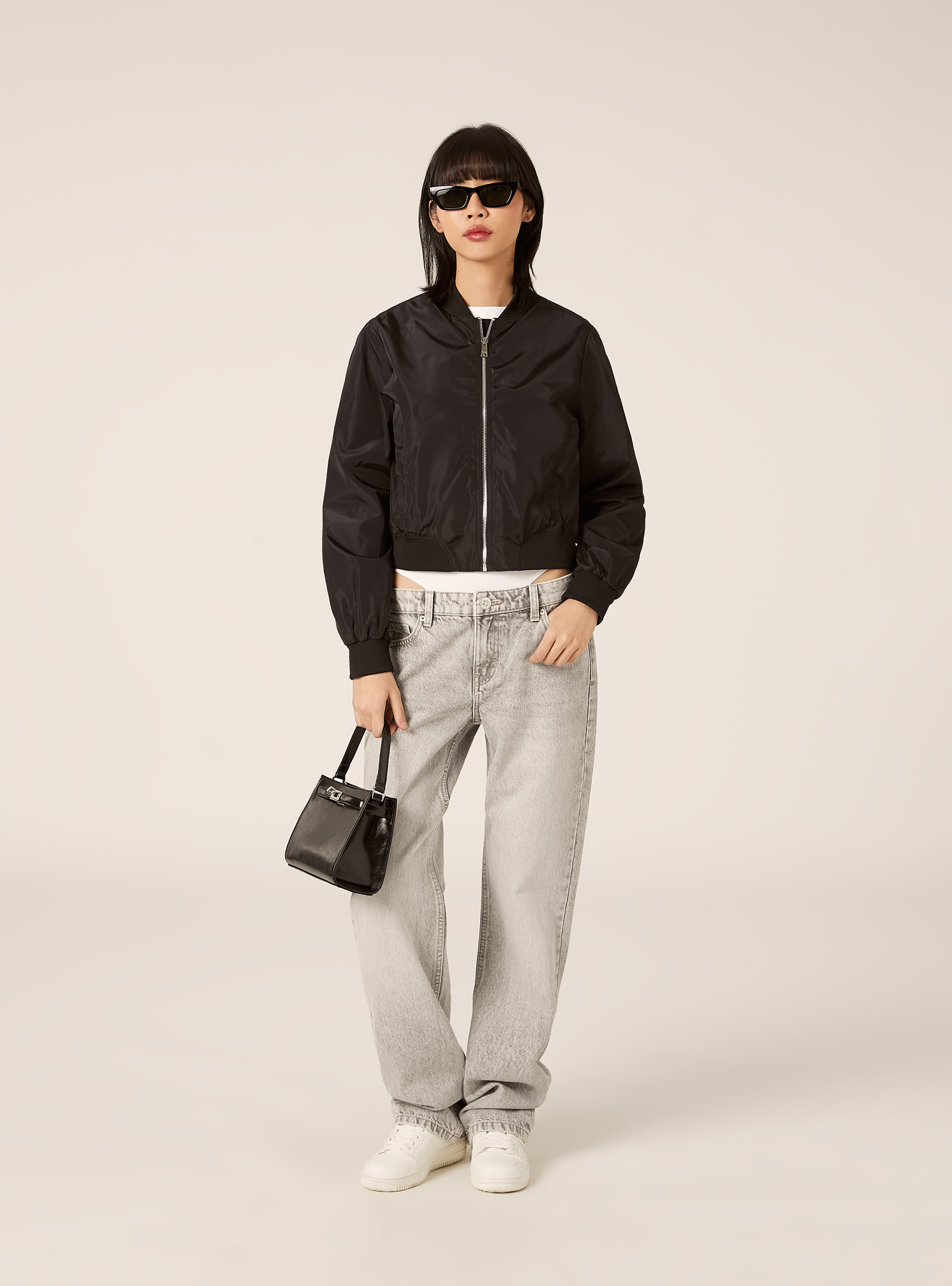 Shiny boxy fit bomber jacket, BK1 BLACK