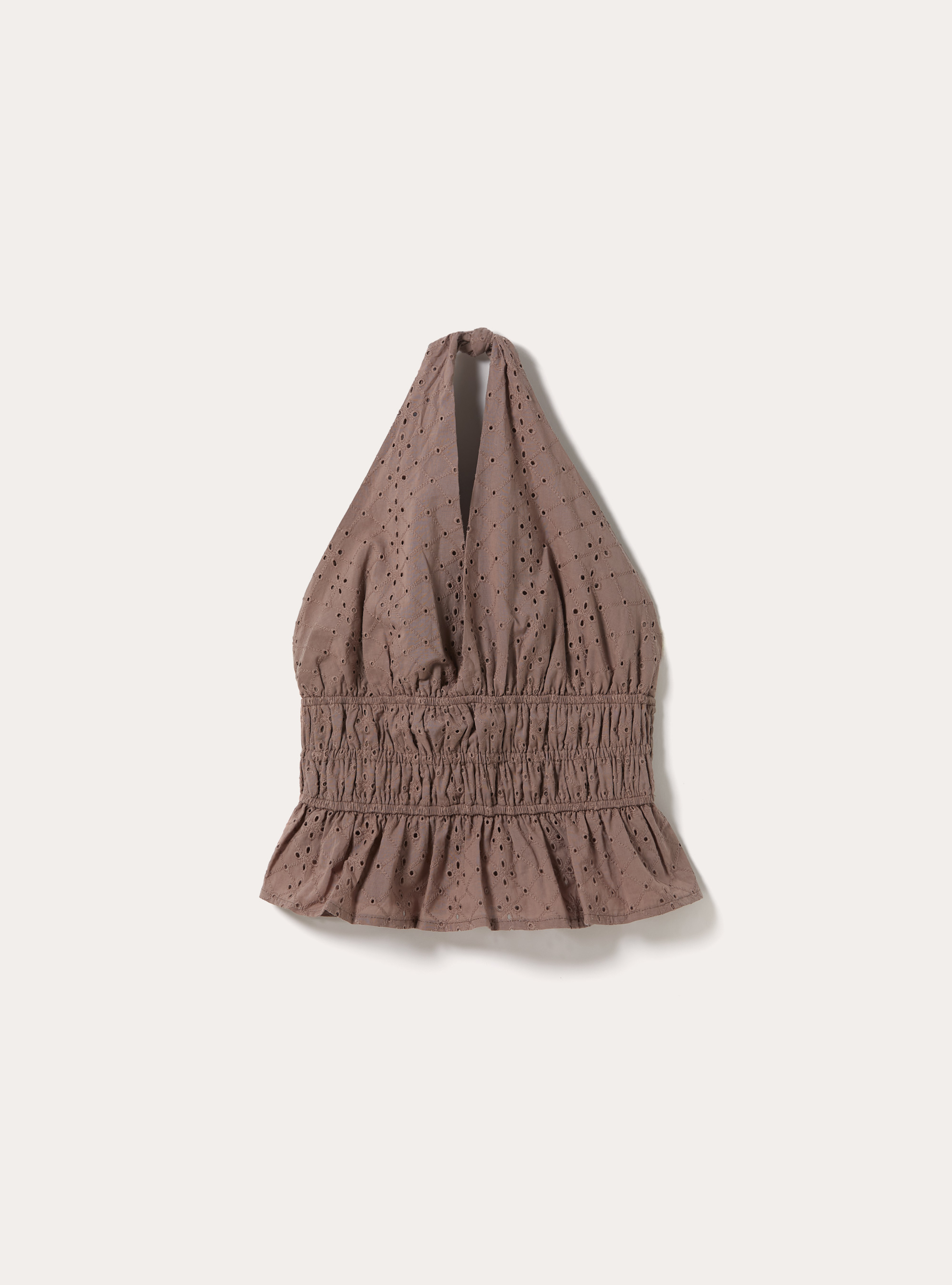 Top Halter de Bordado Suizo con Cintura Fruncida y Volante, BR3 BROWN LIGHT