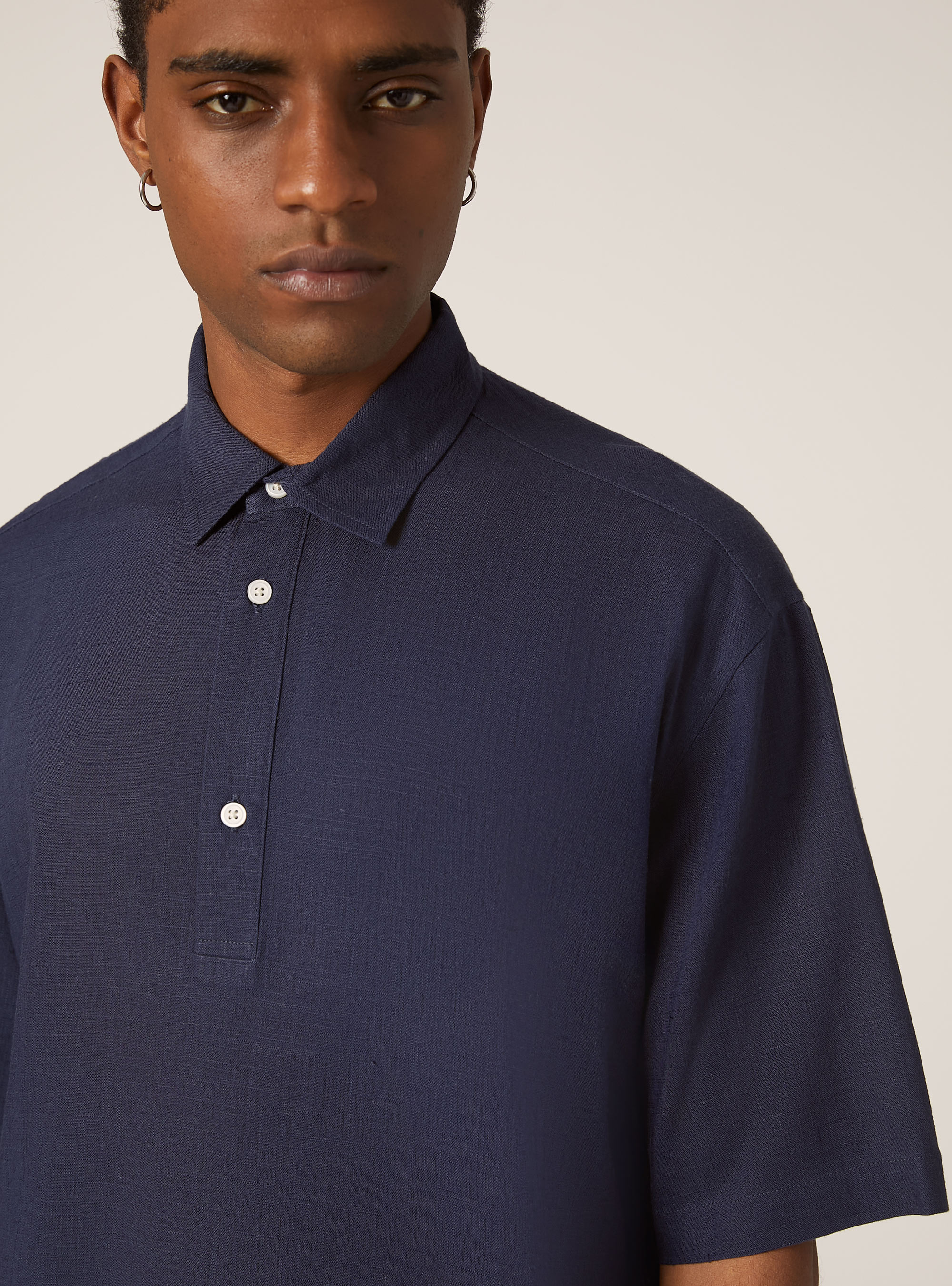 Camisa de manga corta en mezcla de lino, BL2 BLUE MEDIUM