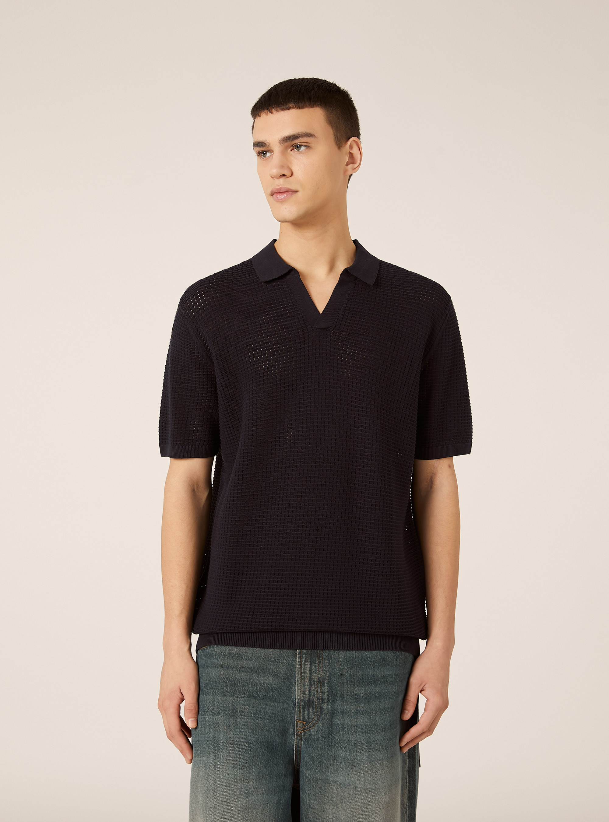 Openwork Knit Polo Shirt, NA2 NAVY MEDIUM