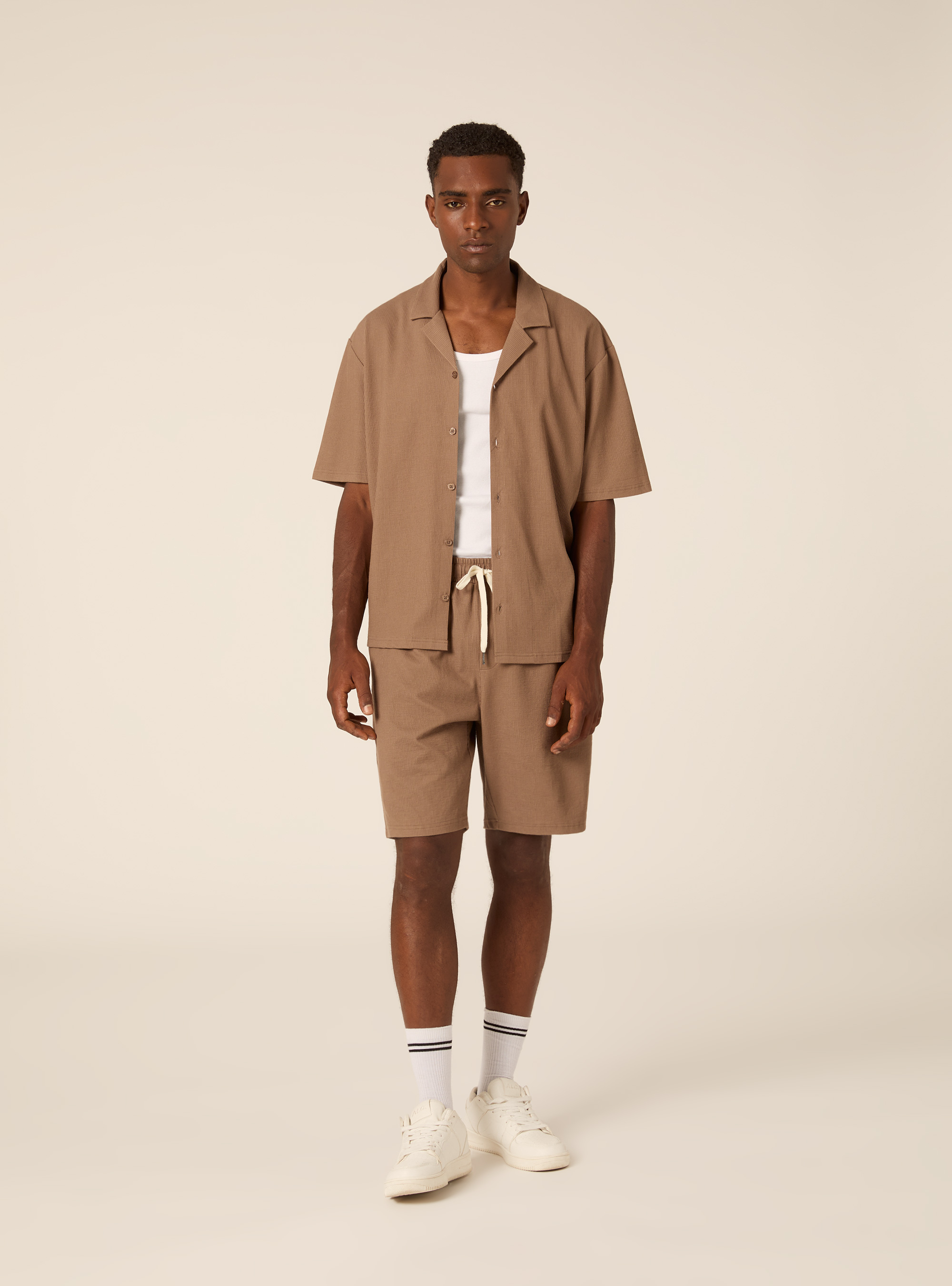 Bermuda in Maglia Strutturata con Coulisse, MARRONE CHIARO