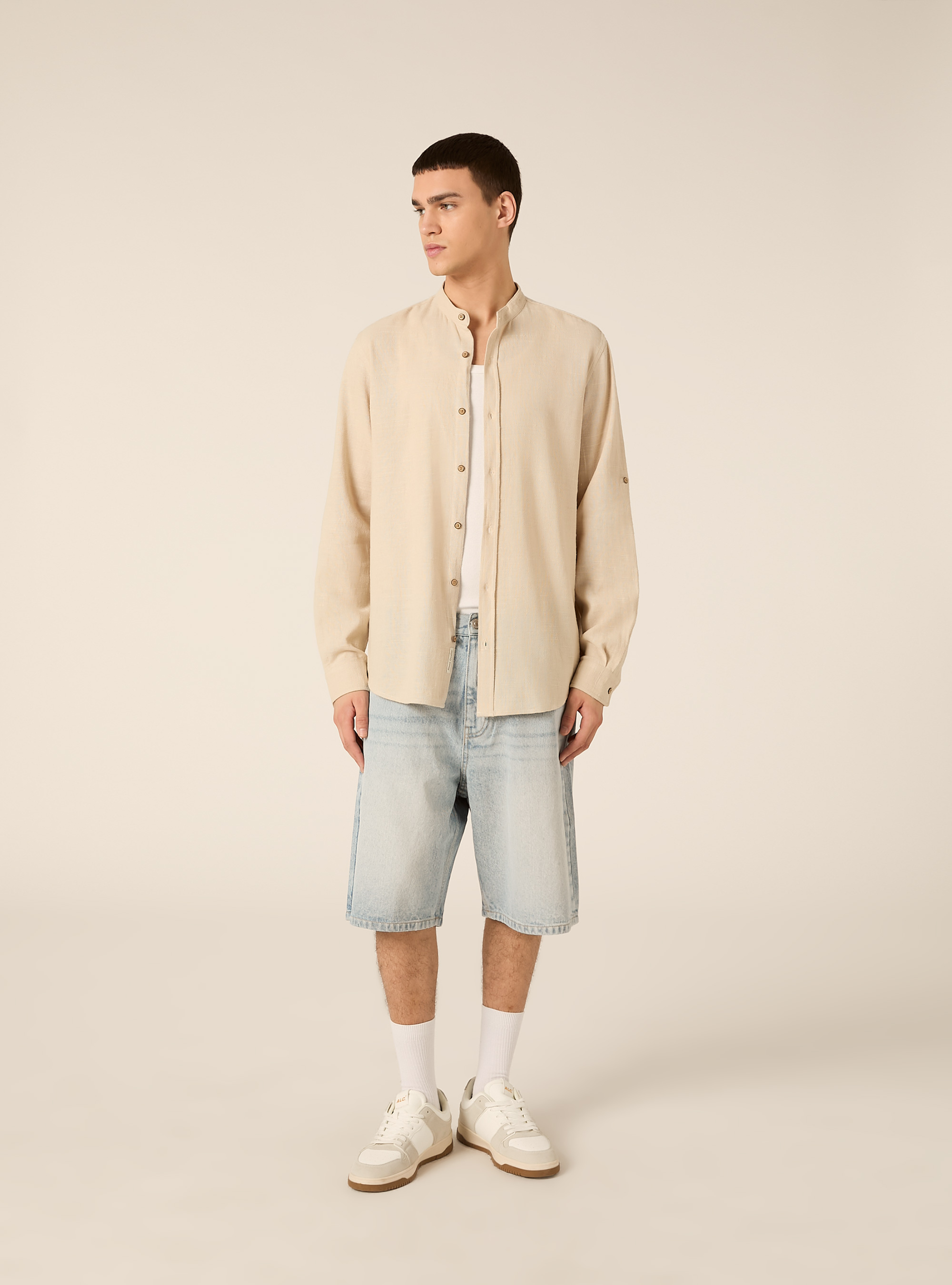 Linen blend shirt with mandarin collar, BG3 BEIGE LIGHT