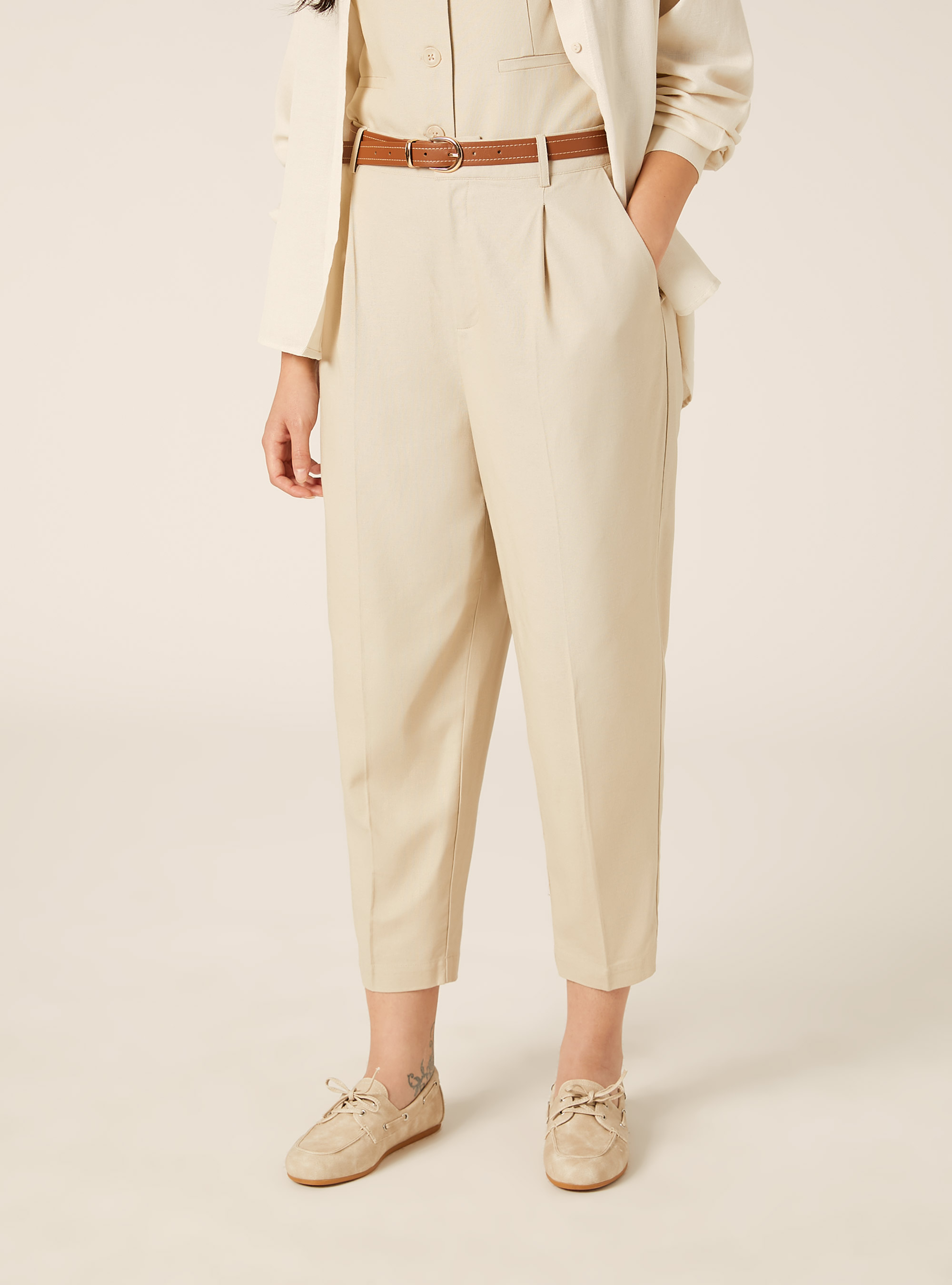 Chino-Hose aus Leinenmischung mit G&uuml;rtel, MBG2 BEIGE MEL MED