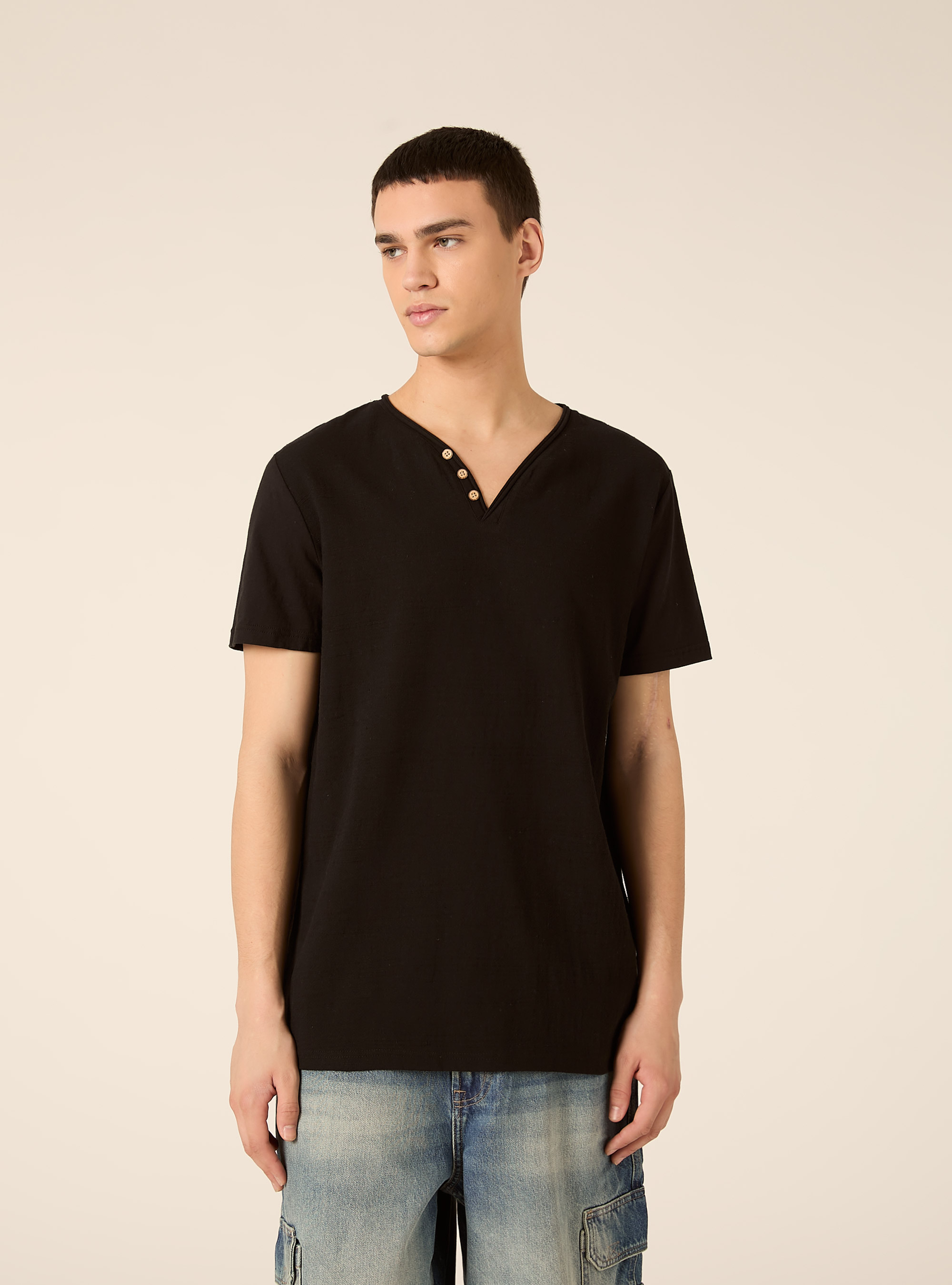 V-neck linen blend T-shirt, BK1 BLACK
