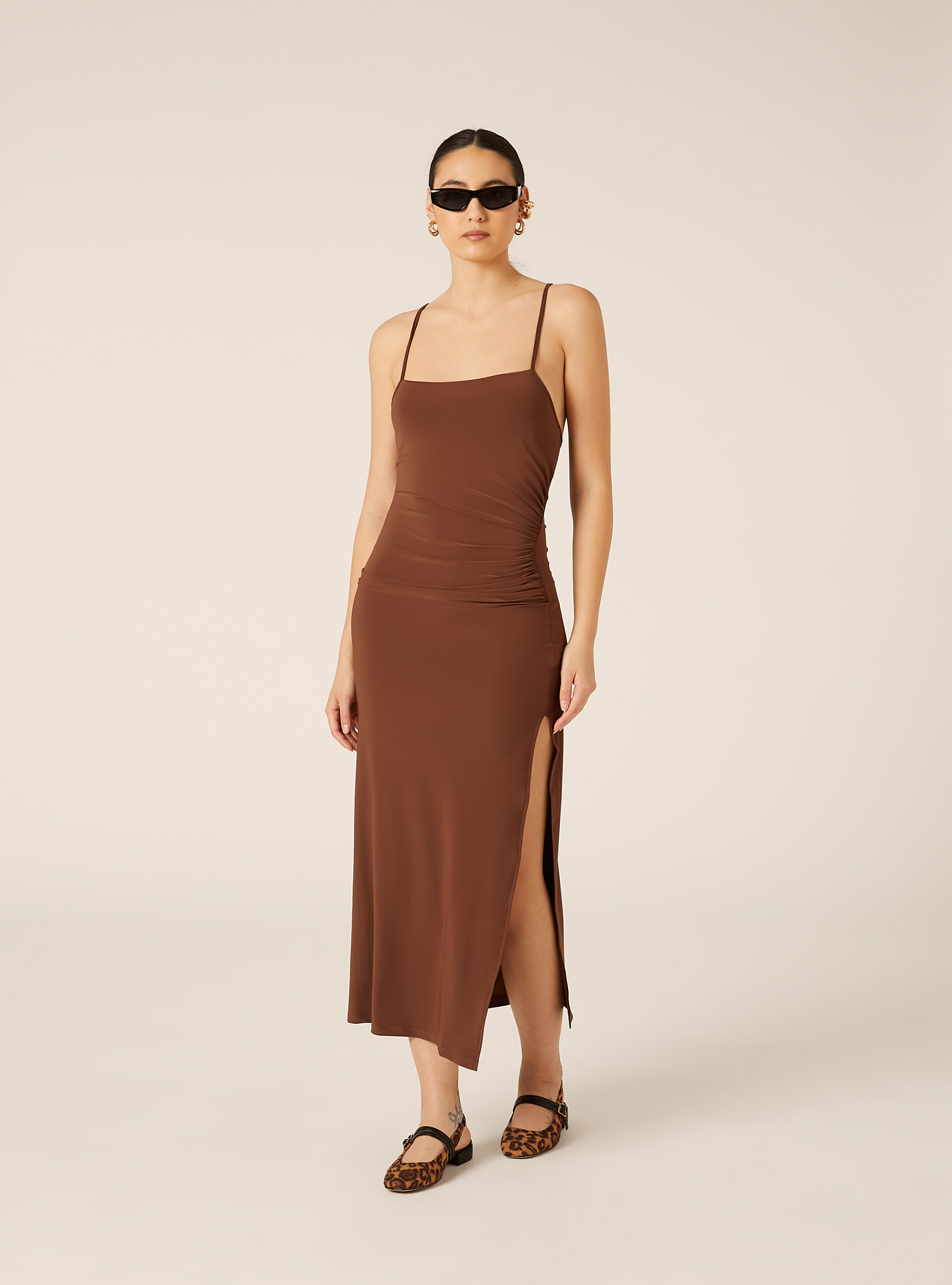 Vestio midi con bretelle, MARRONE SCURO