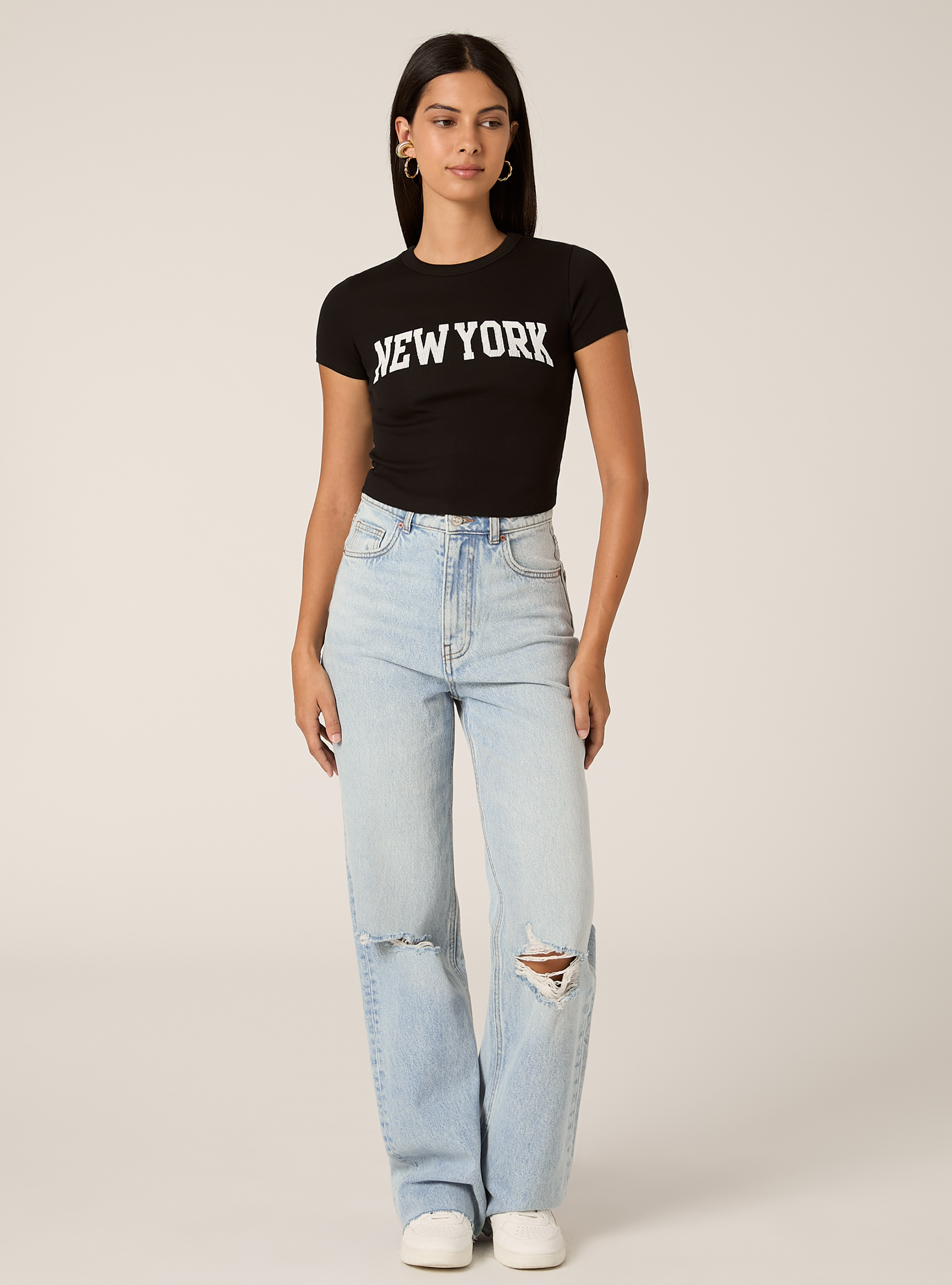 Cropped-T-Shirt mit College-Print, BK1 BLACK