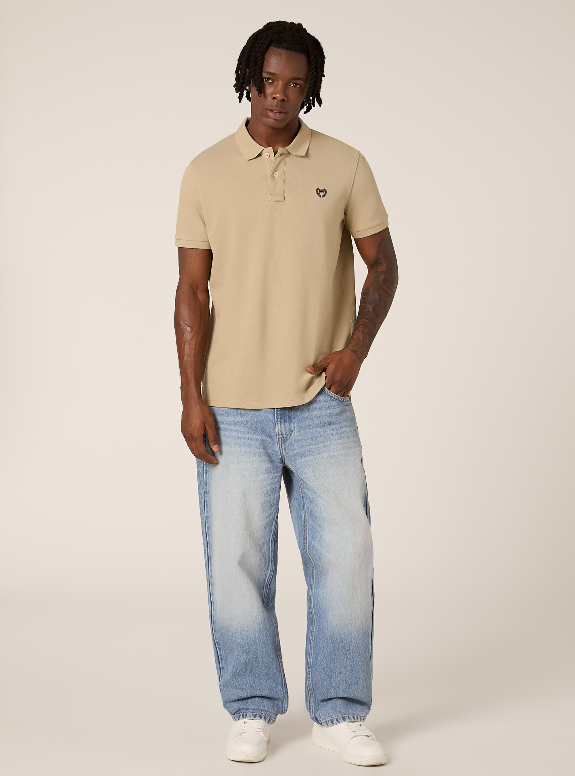 Polo in cotone piquet con ricamo, BEIGE MEDIO