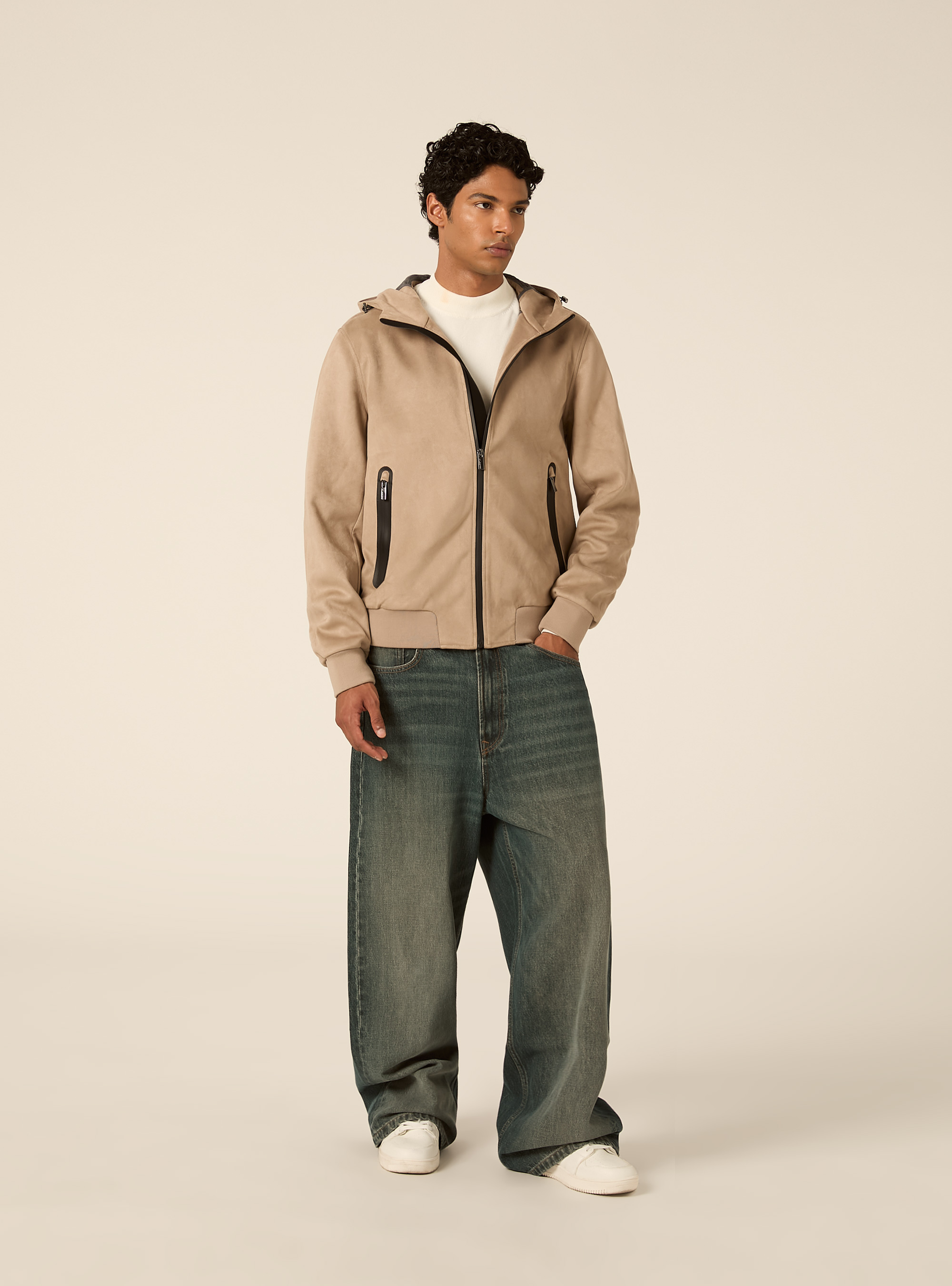 Suede-effect hooded bomber jacket with sealed zips, SA2 SAND MEDIUM