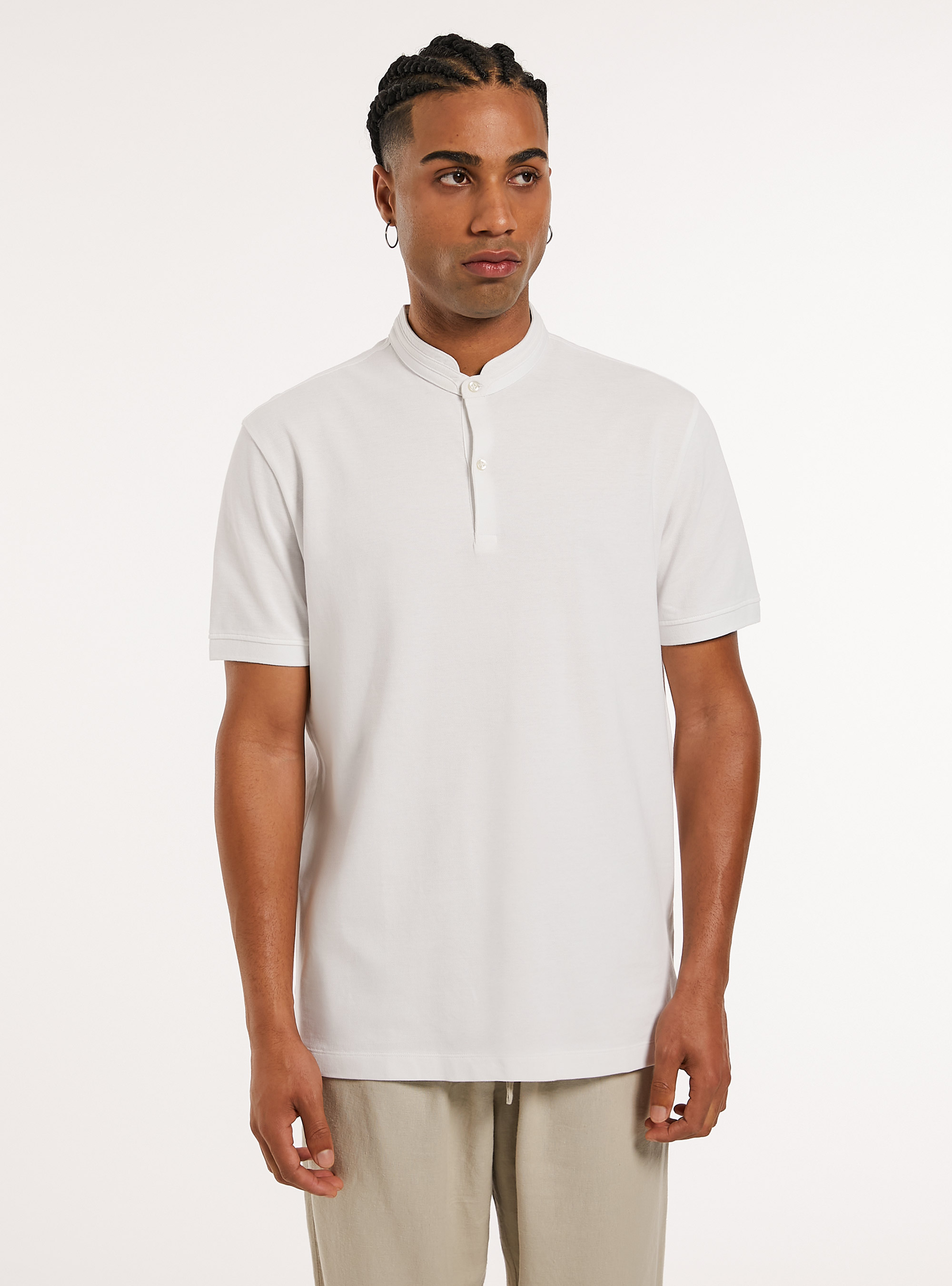 Polo en Coton &agrave; Col Officier, WH3 WHITE