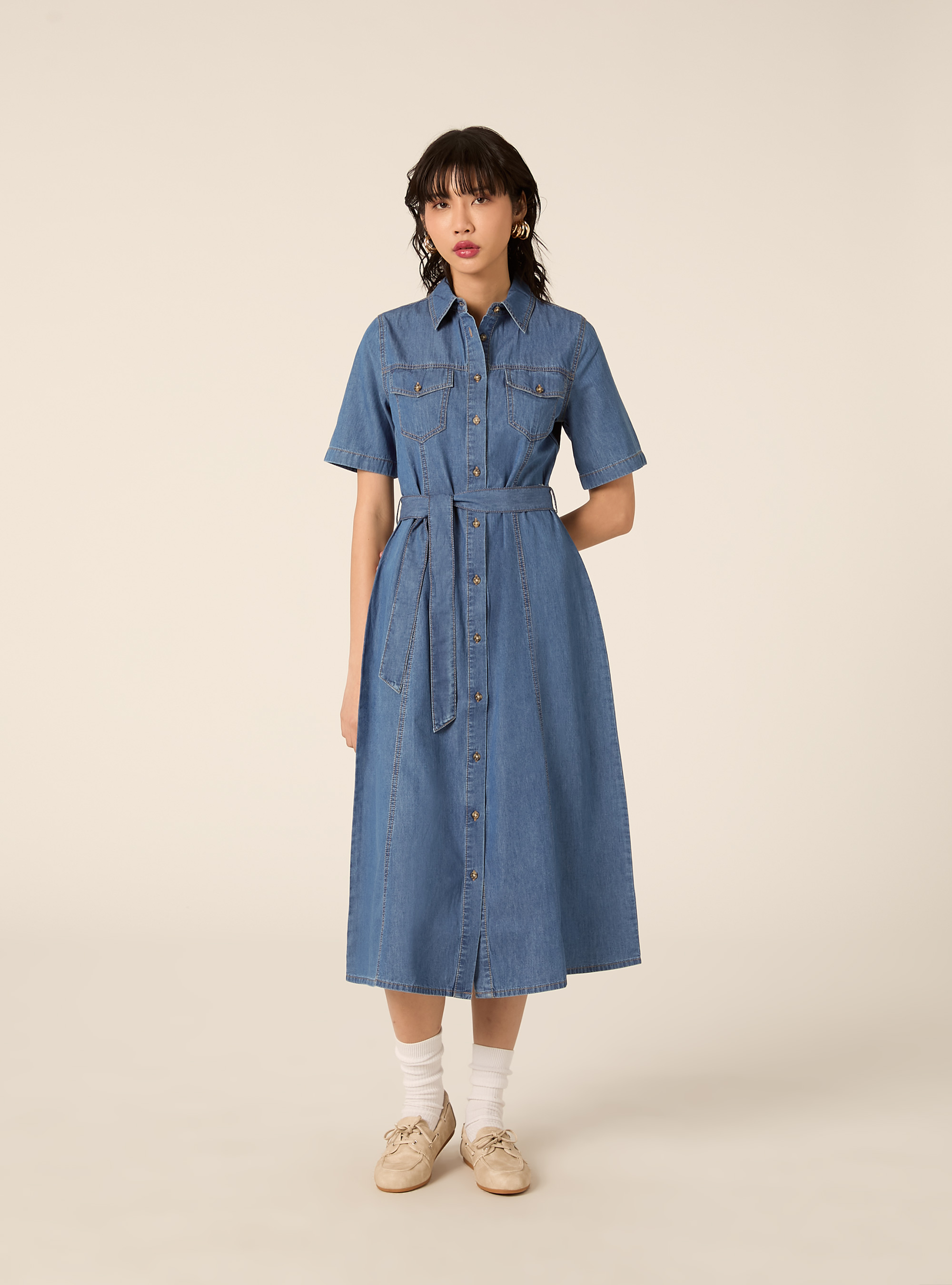 Vestido camisero de denim, D003 MEDIUM BLUE