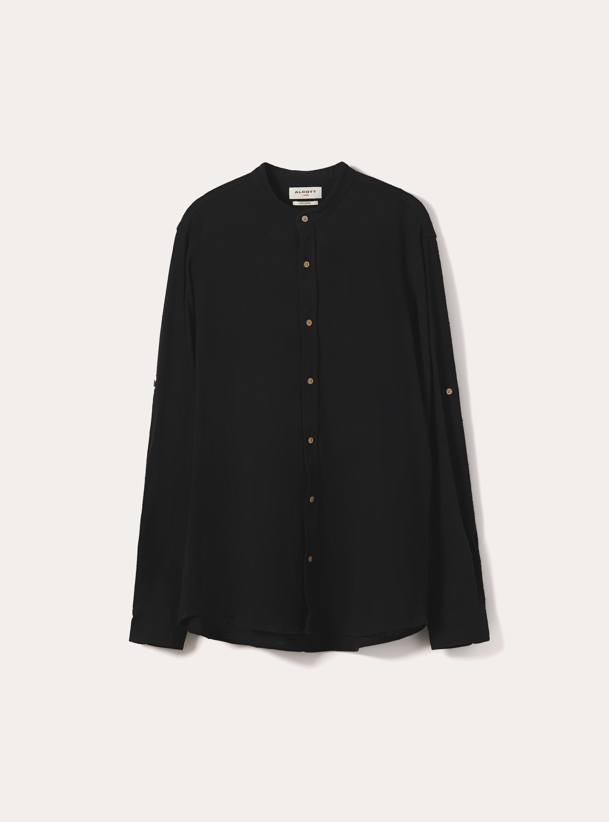 Camicia in misto lino con collo alla coreana, NERO