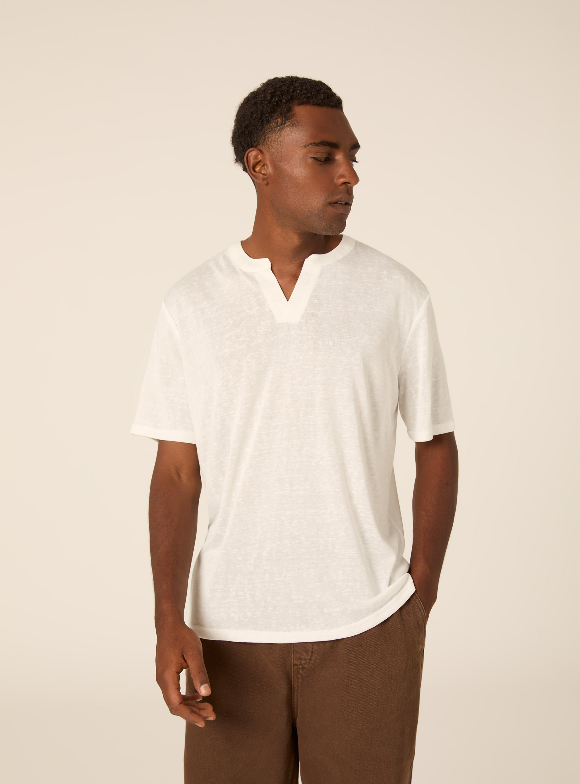 Notch Neck Short Sleeve Textured T-Shirt, WH1 OFF WHITE